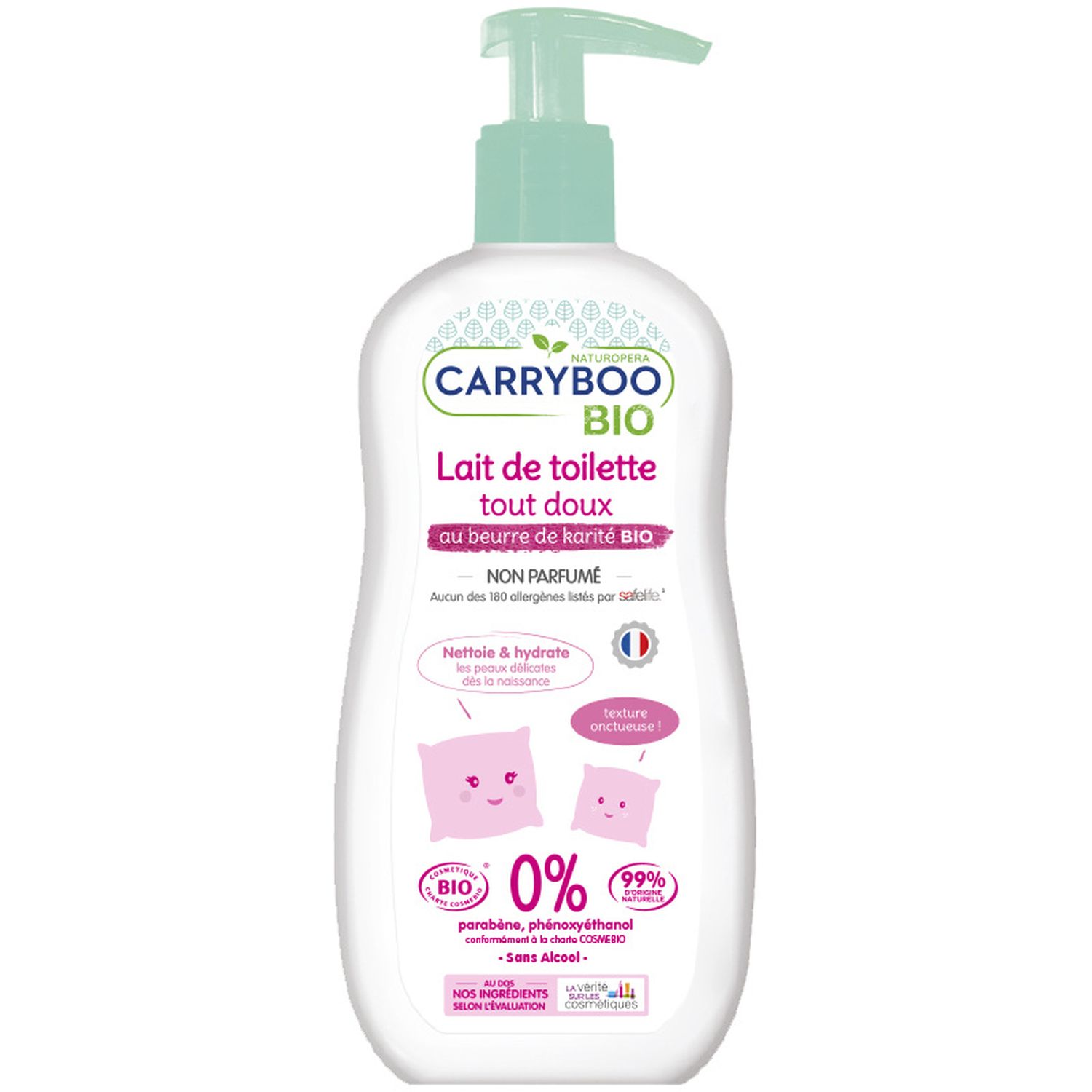 Voir la diapositive 2 : CARRYBOO Lait de toilette tout doux au beurre de karité bio pour bébé 500ml