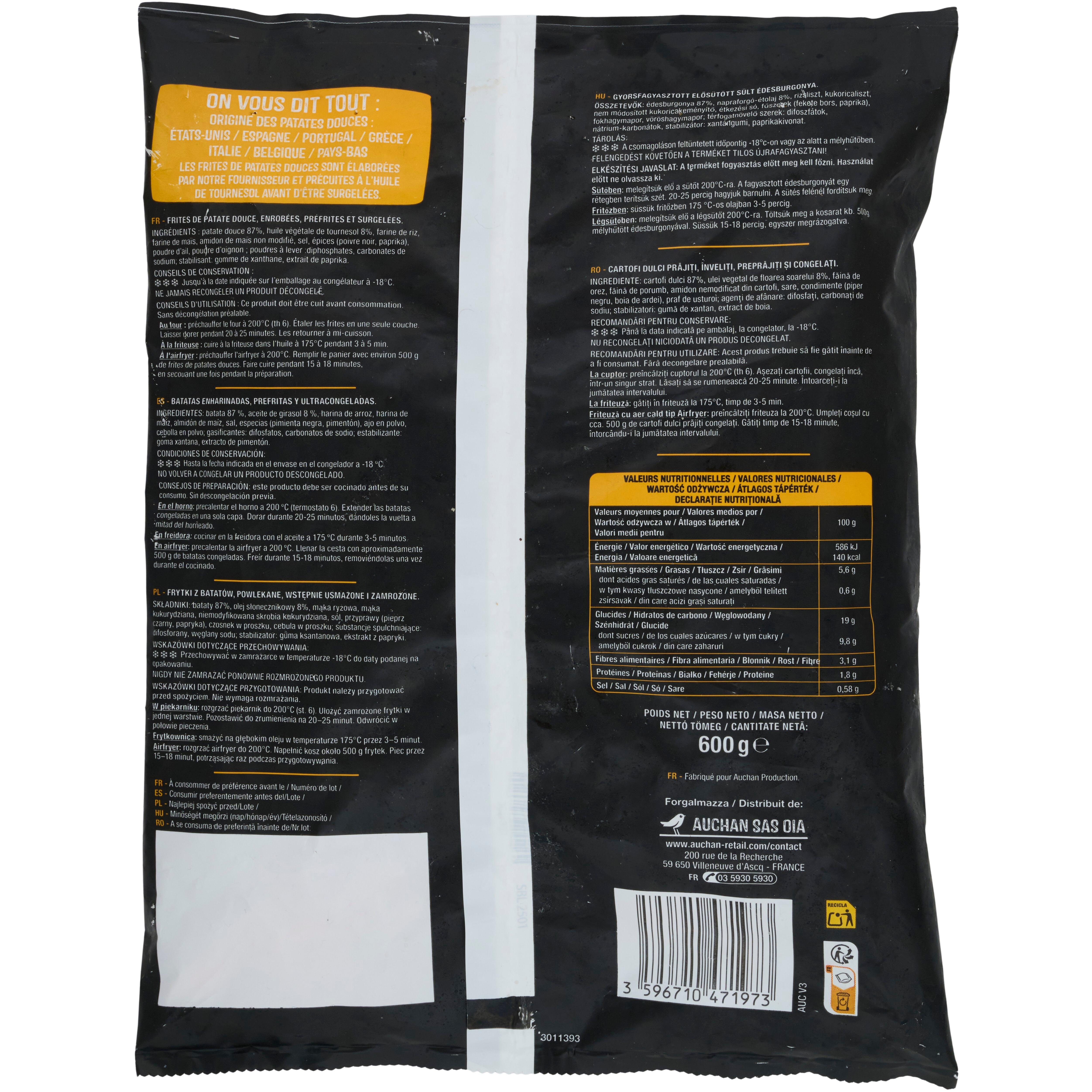 Voir la diapositive 2 : AUCHAN Frites de patate douce 600g