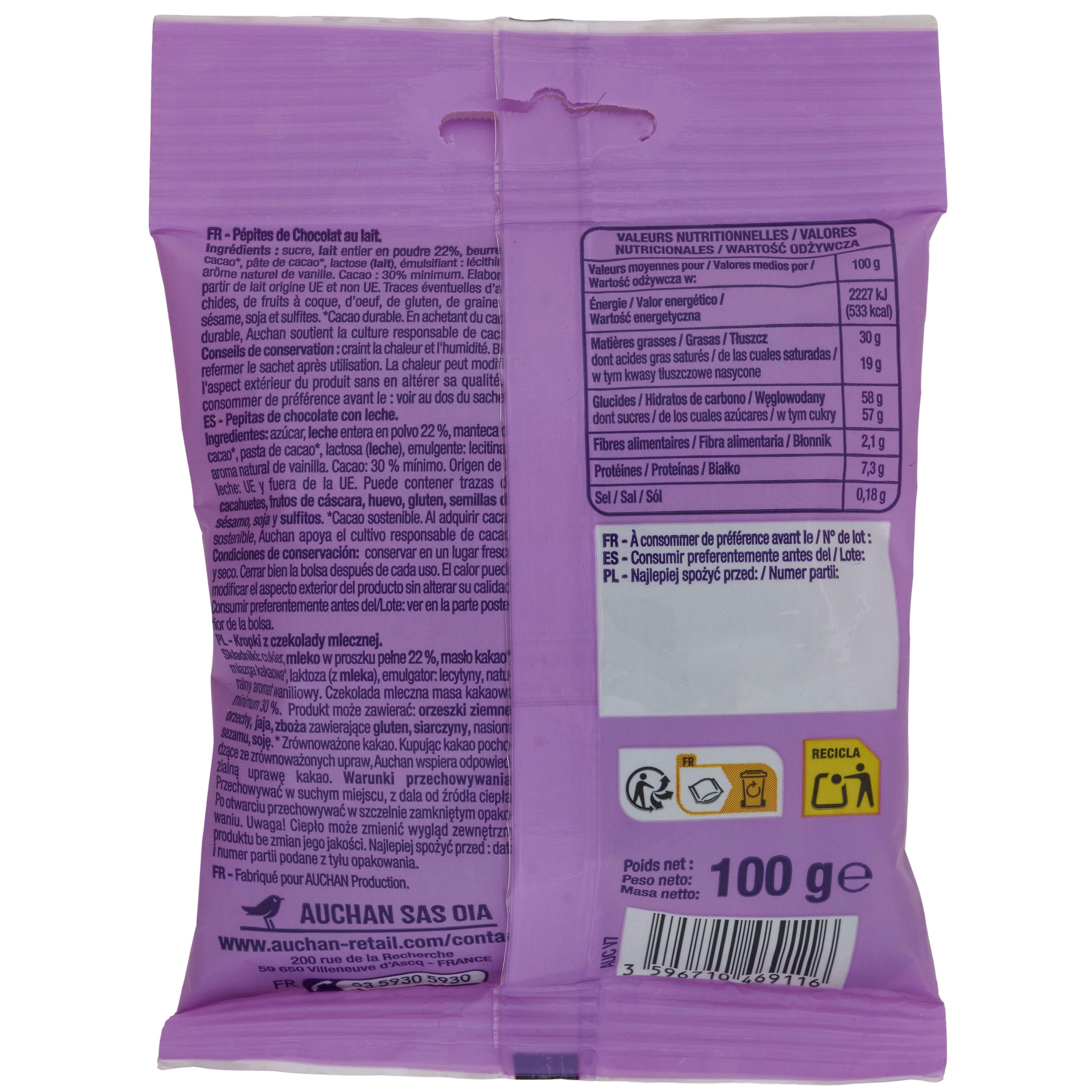 Voir la diapositive 2 : AUCHAN Pépites de chocolat au lait sachet refermable 100g
