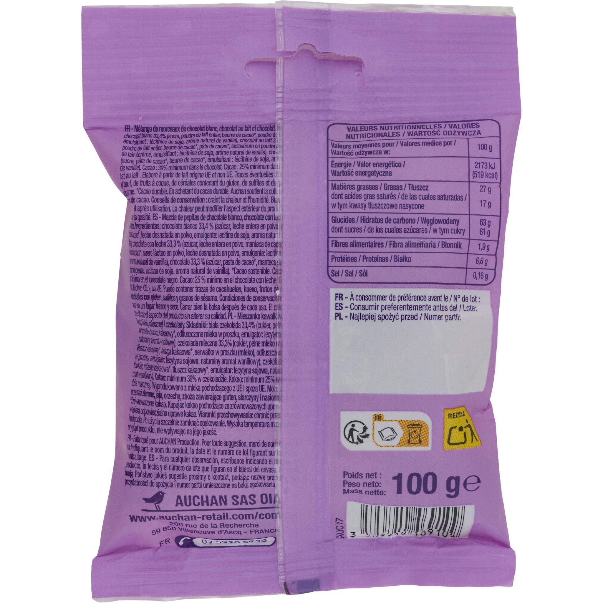 Voir la diapositive 2 : AUCHAN Pépites de chocolat 3 couleurs blanc-lait-noir sachet refermable 100g