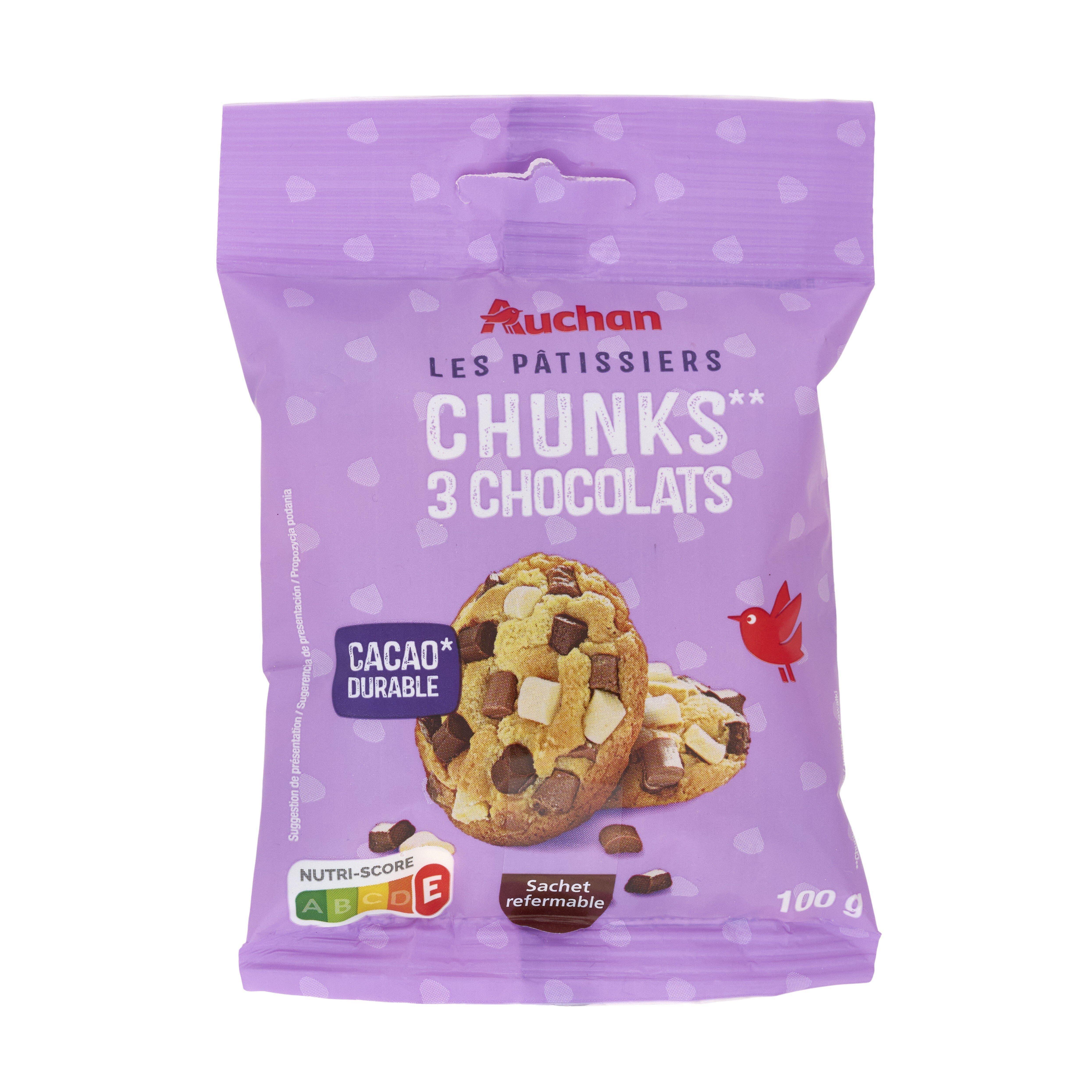 Voir la diapositive 3 : AUCHAN Pépites de chocolat 3 couleurs blanc-lait-noir sachet refermable 100g