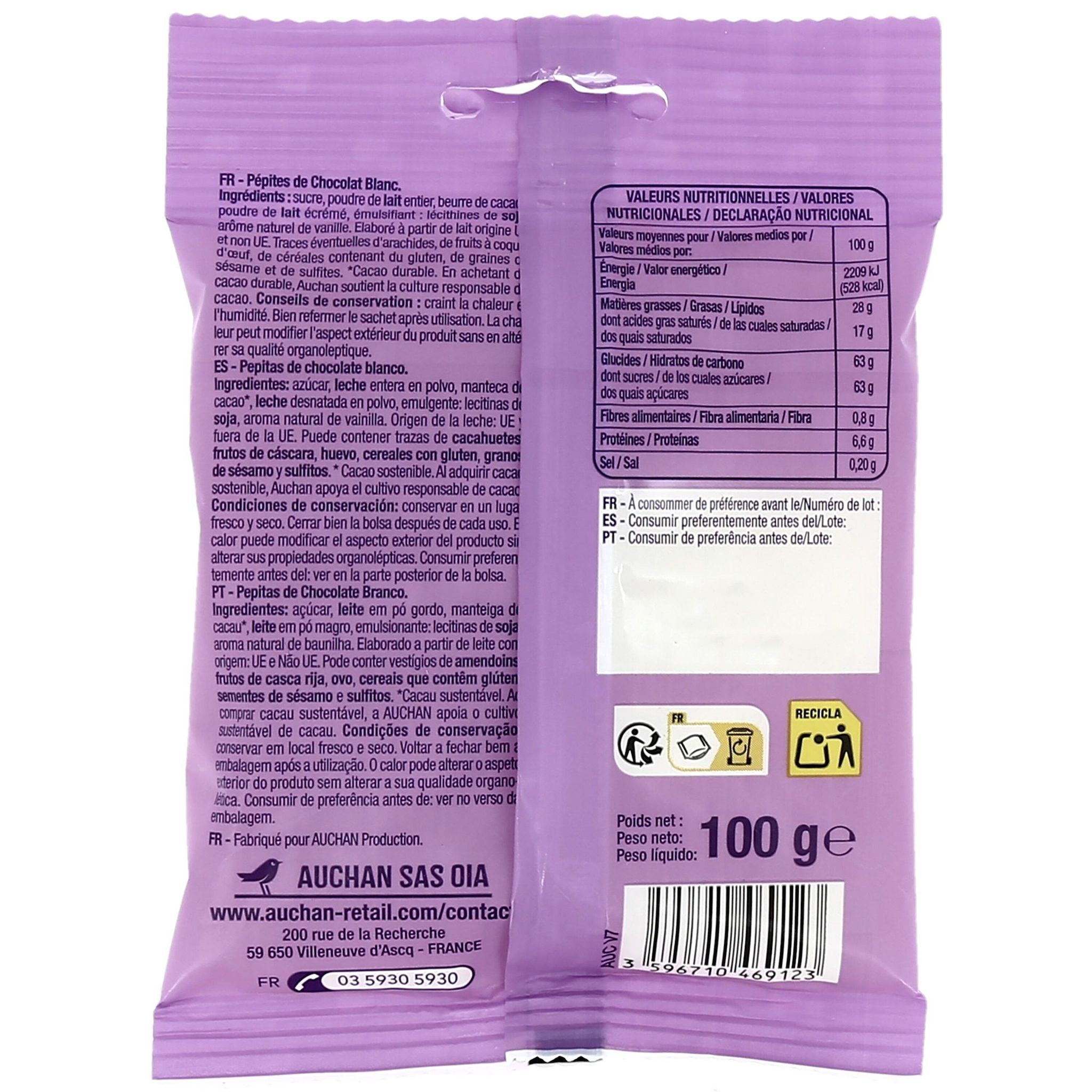 Voir la diapositive 2 : AUCHAN Pépites de chocolat blanc sachet refermable 100g