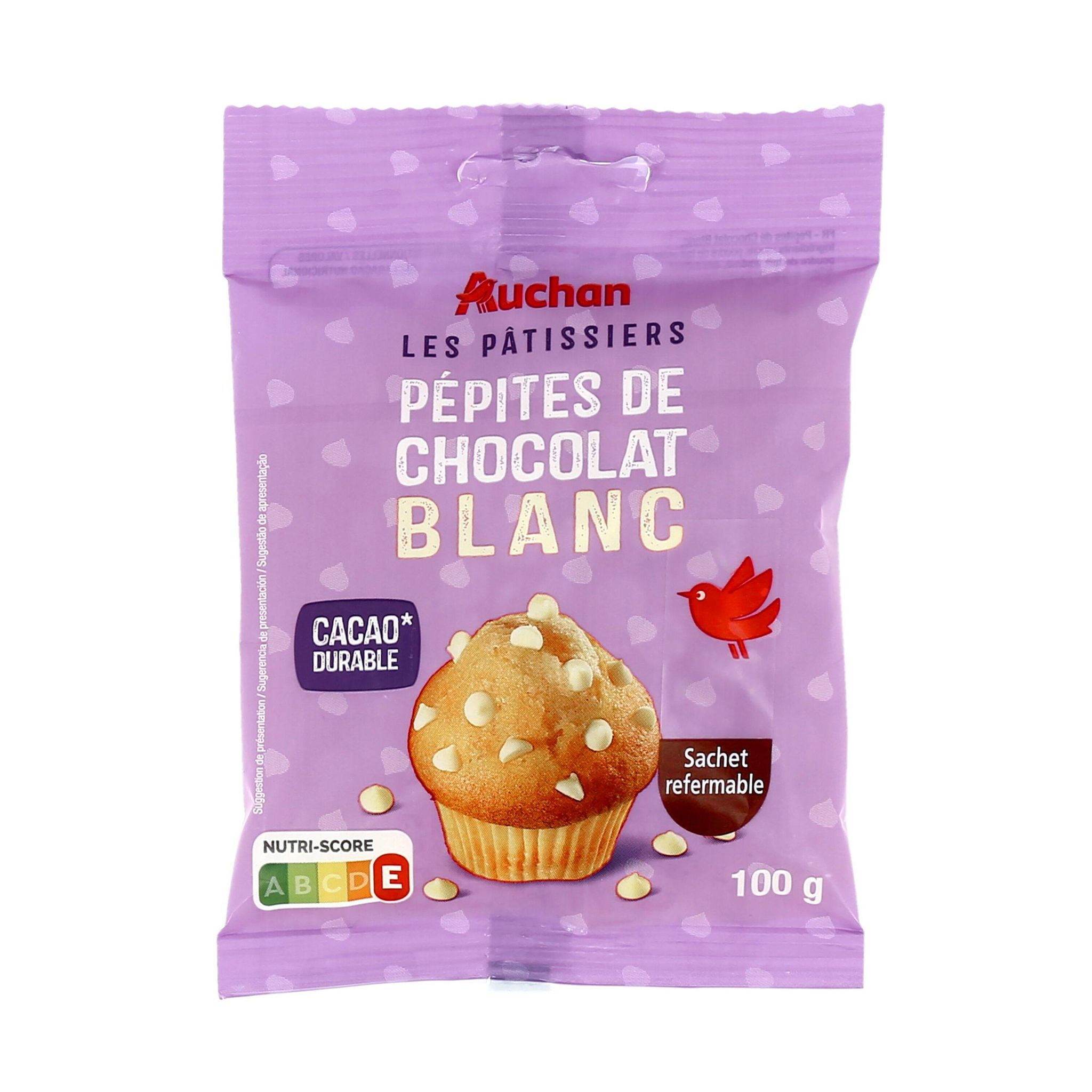 Voir la diapositive 3 : AUCHAN Pépites de chocolat blanc sachet refermable 100g