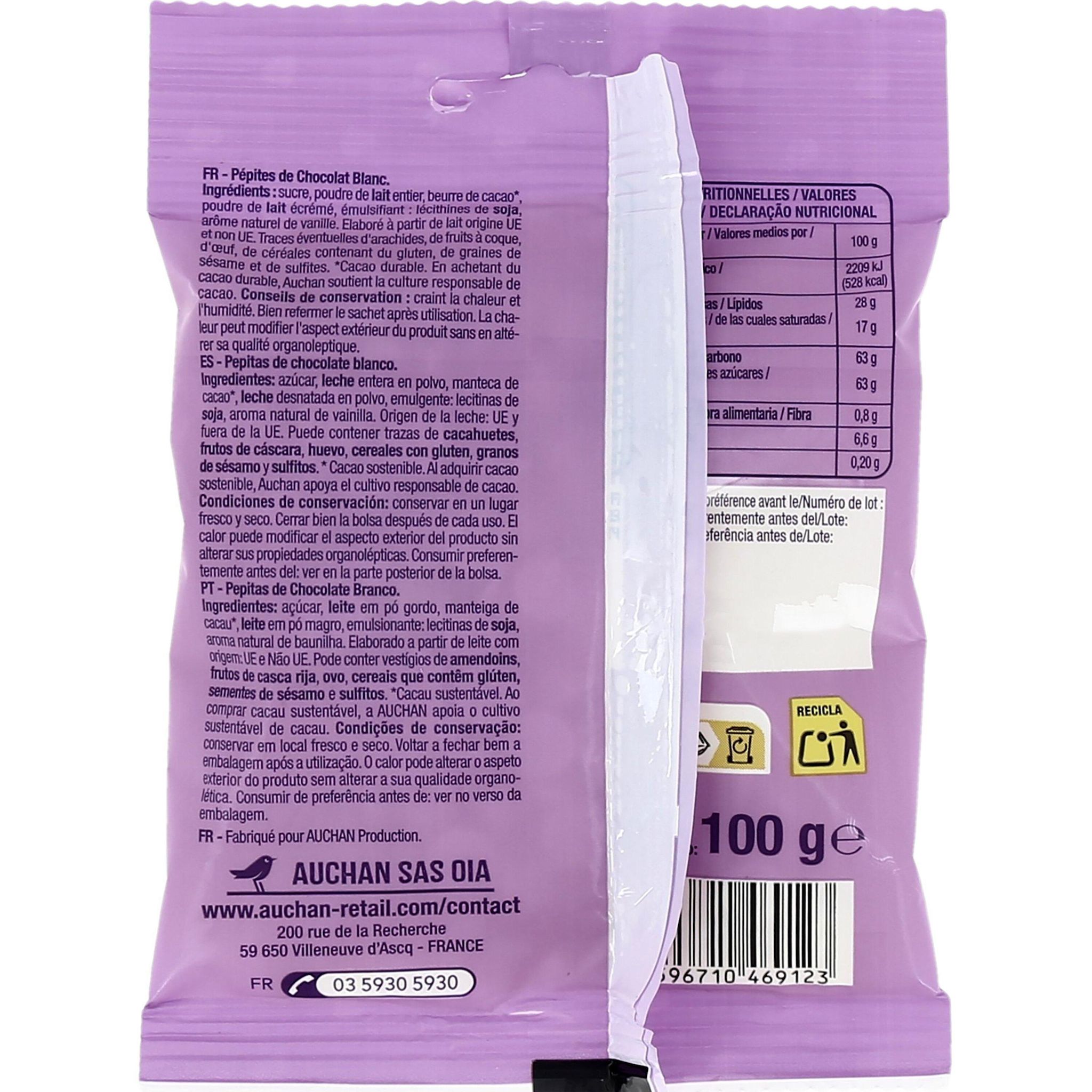 Voir la diapositive 4 : AUCHAN Pépites de chocolat blanc sachet refermable 100g