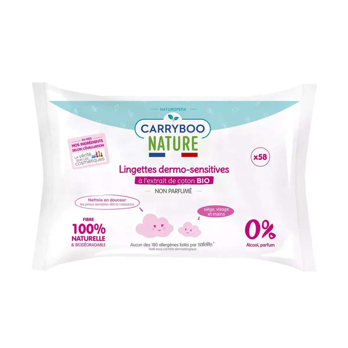 CARRYBOO Lingettes bébé dermo-sensitives à l'extrait de coton bio 58 lingettes
