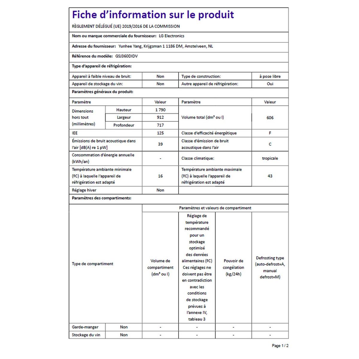 LG Réfrigérateur américain GSJ360DIDV, 606 L, Froid ventilé No frost, F