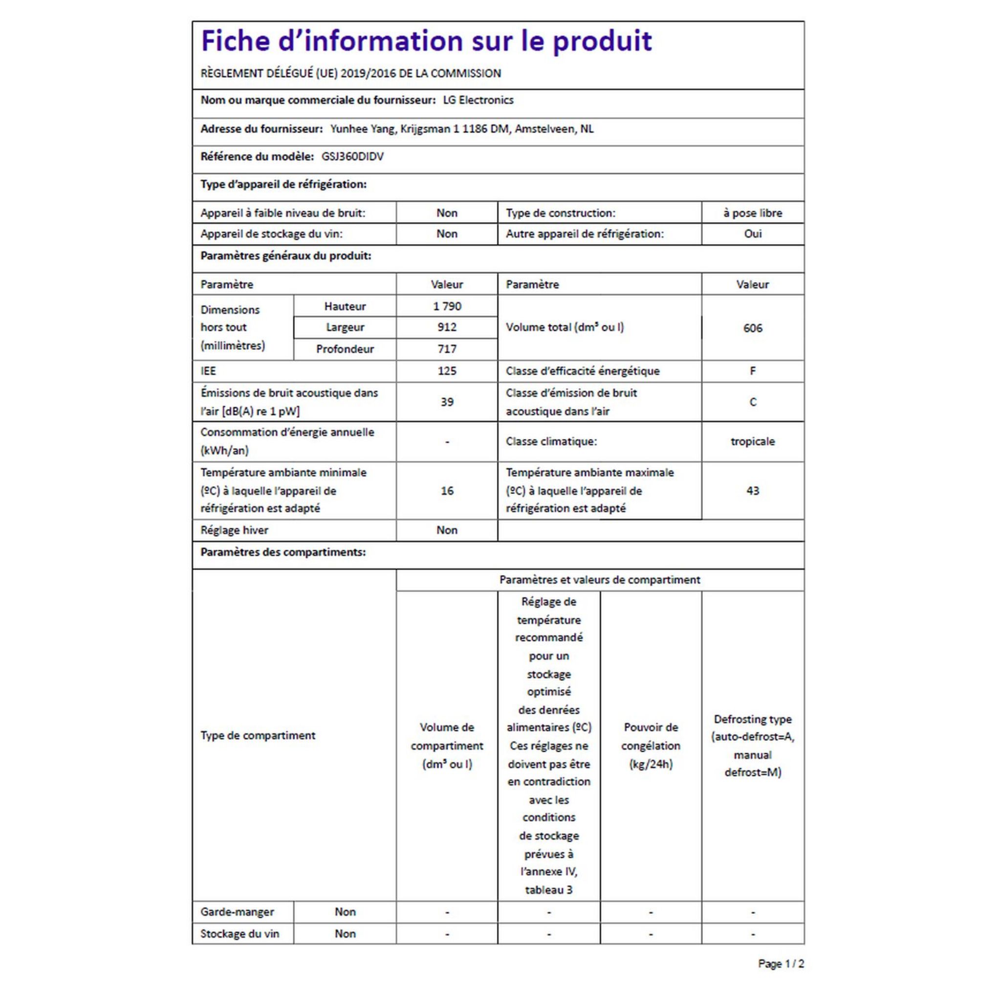 Voir la diapositive 9 : LG Réfrigérateur américain GSJ360DIDV, 606 L, Froid ventilé No frost, F