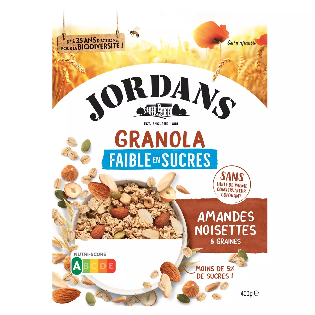 JORDAN'S Granola flocons d'avoine grillés aux amandes noisettes et graines moins de 5% de sucre 400g