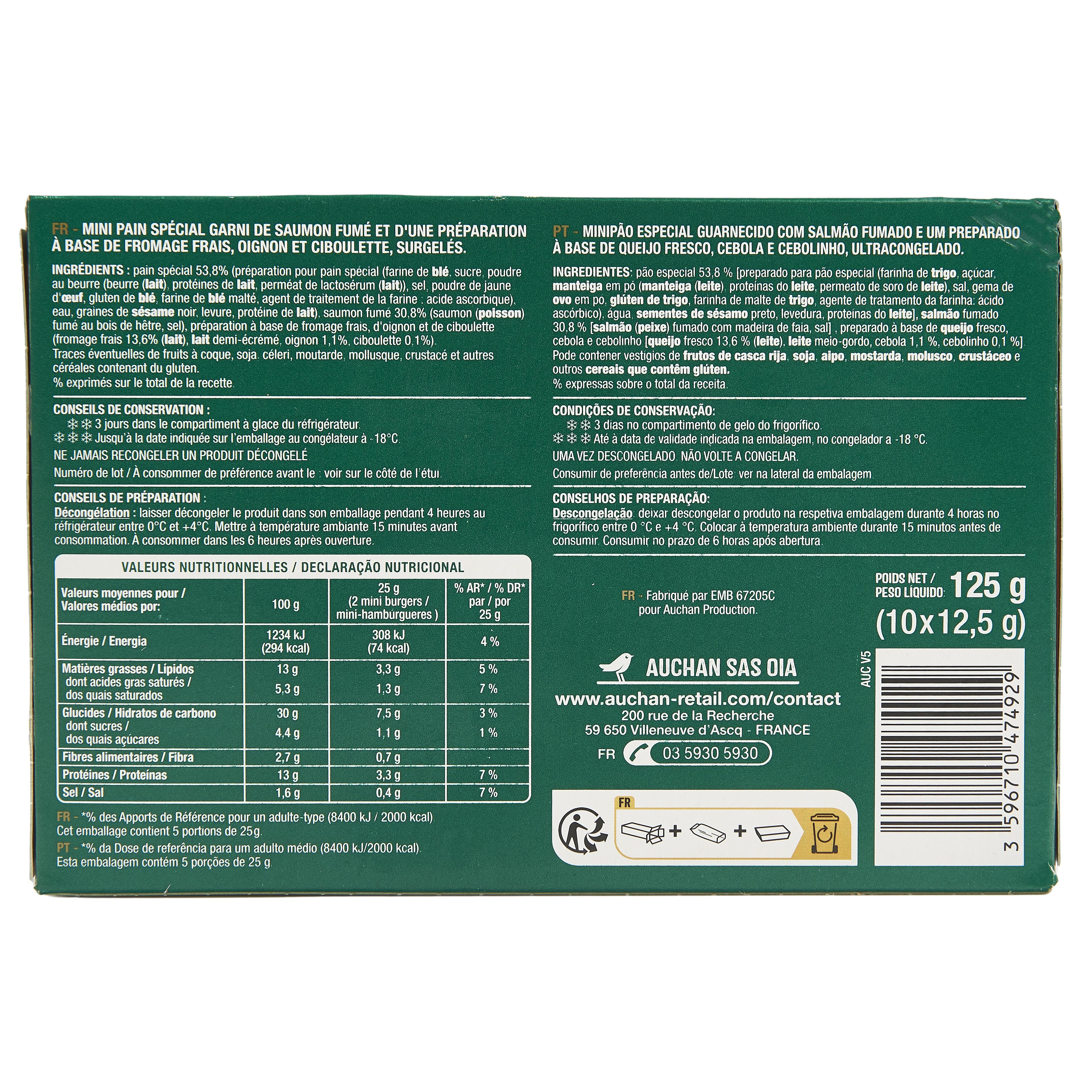 Voir la diapositive 2 : AUCHAN Mini burgers au saumon fumé 10 pièces 125g