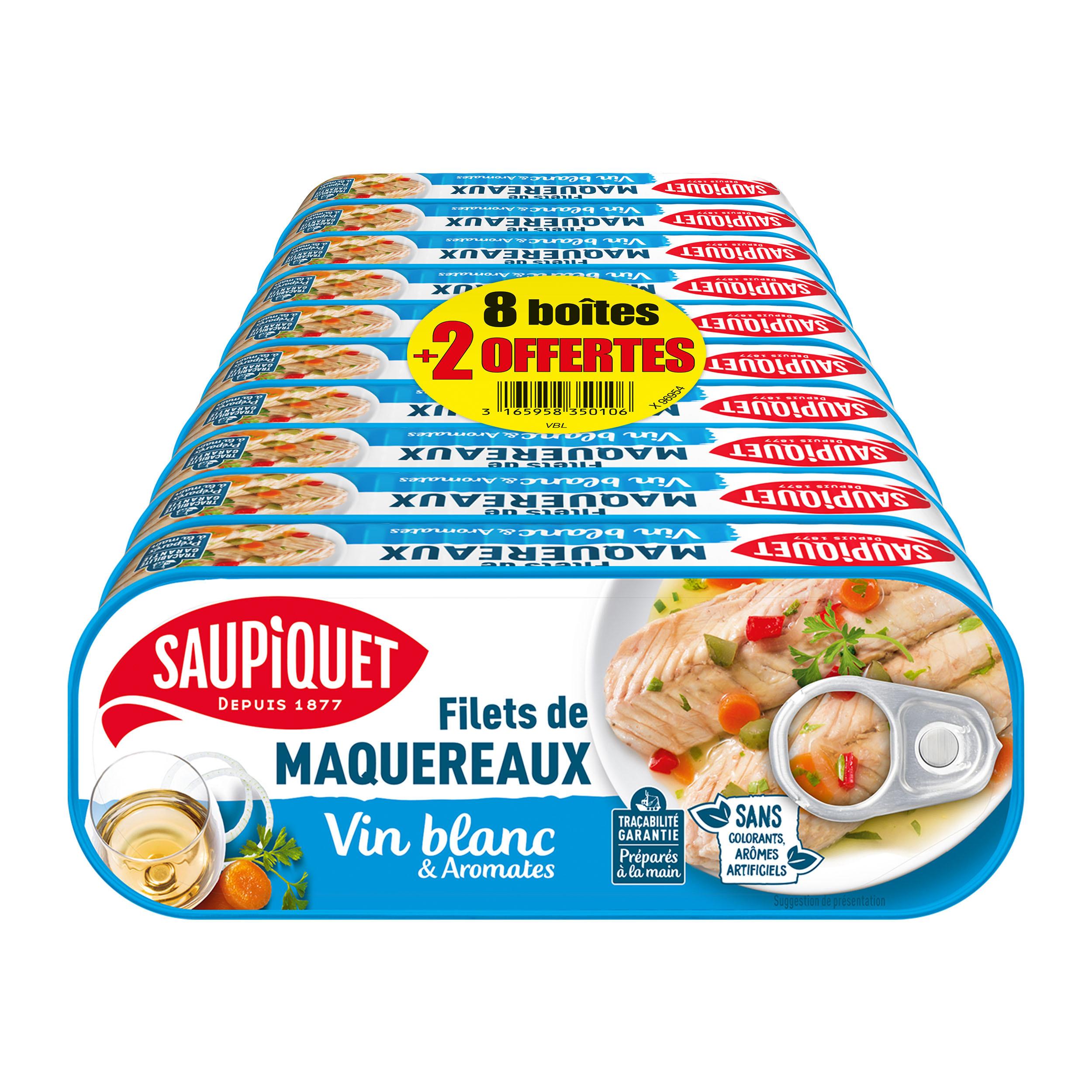 SAUPIQUET Filets de maquereaux au vin blanc et aromates 8 boites + 2 offertes 10x176g