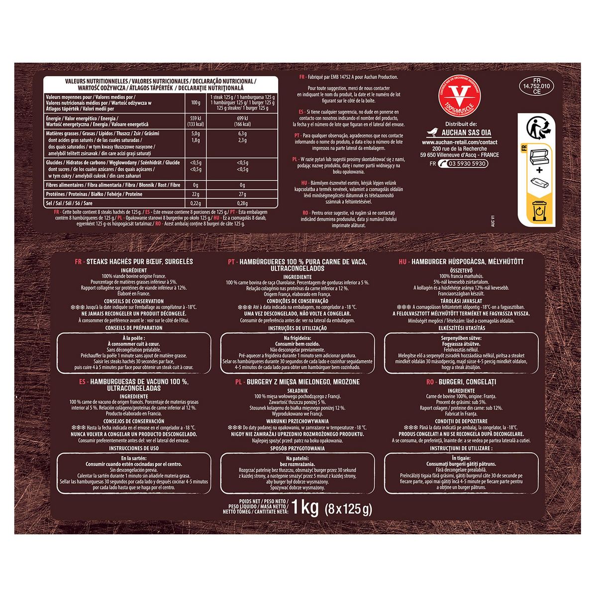 AUCHAN Steaks hachés pur bœuf façon bouchère 5% mg 8 pièces 1kg