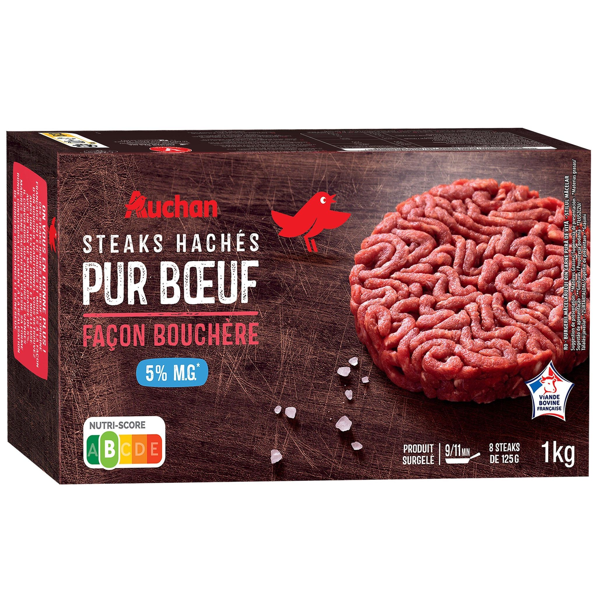 Voir la diapositive 2 : AUCHAN Steaks hachés pur bœuf façon bouchère 5% mg 8 pièces 1kg