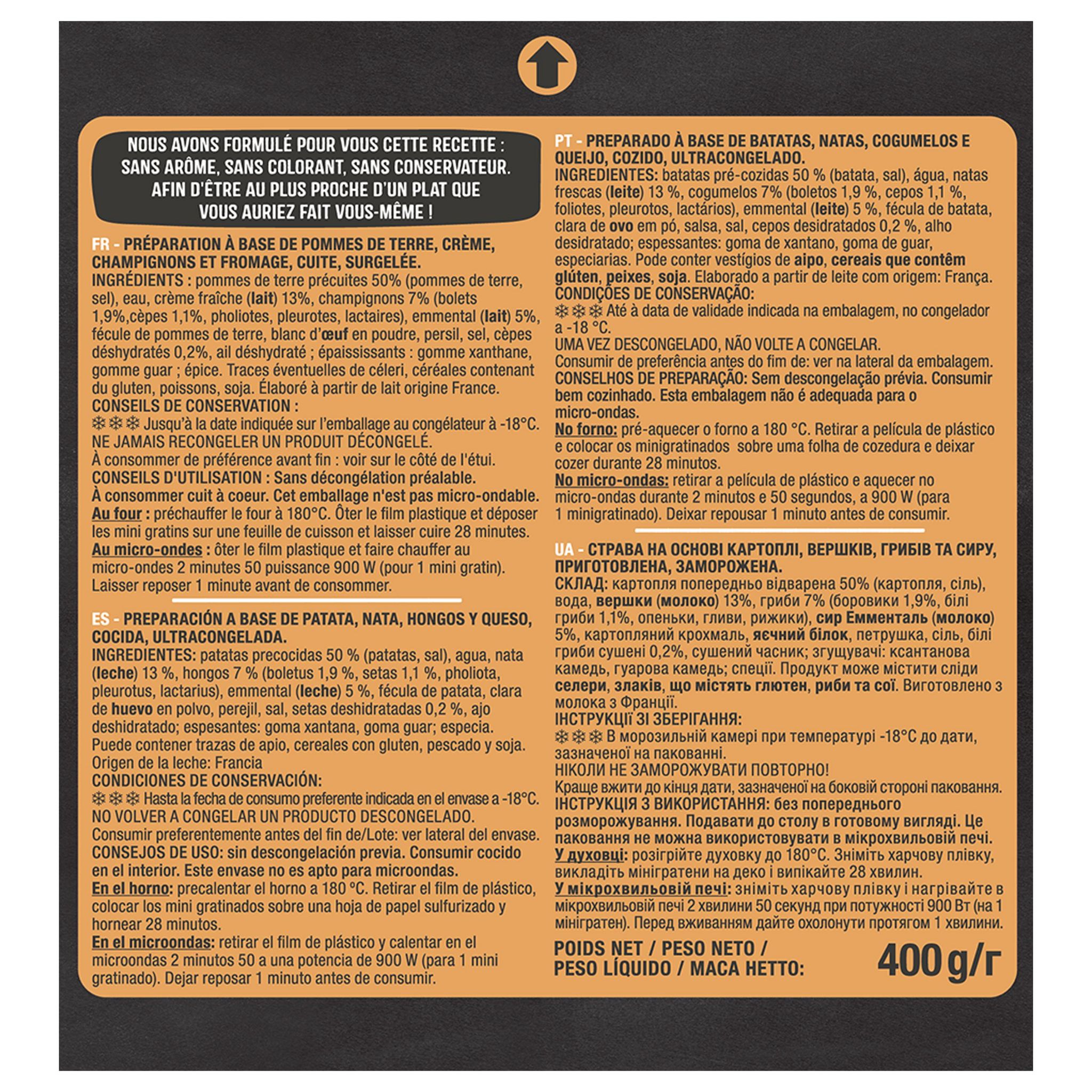 Voir la diapositive 2 : AUCHAN Mini gratins de pommes de terre bolets et cèpes à l'emmental 4 pièces 400g