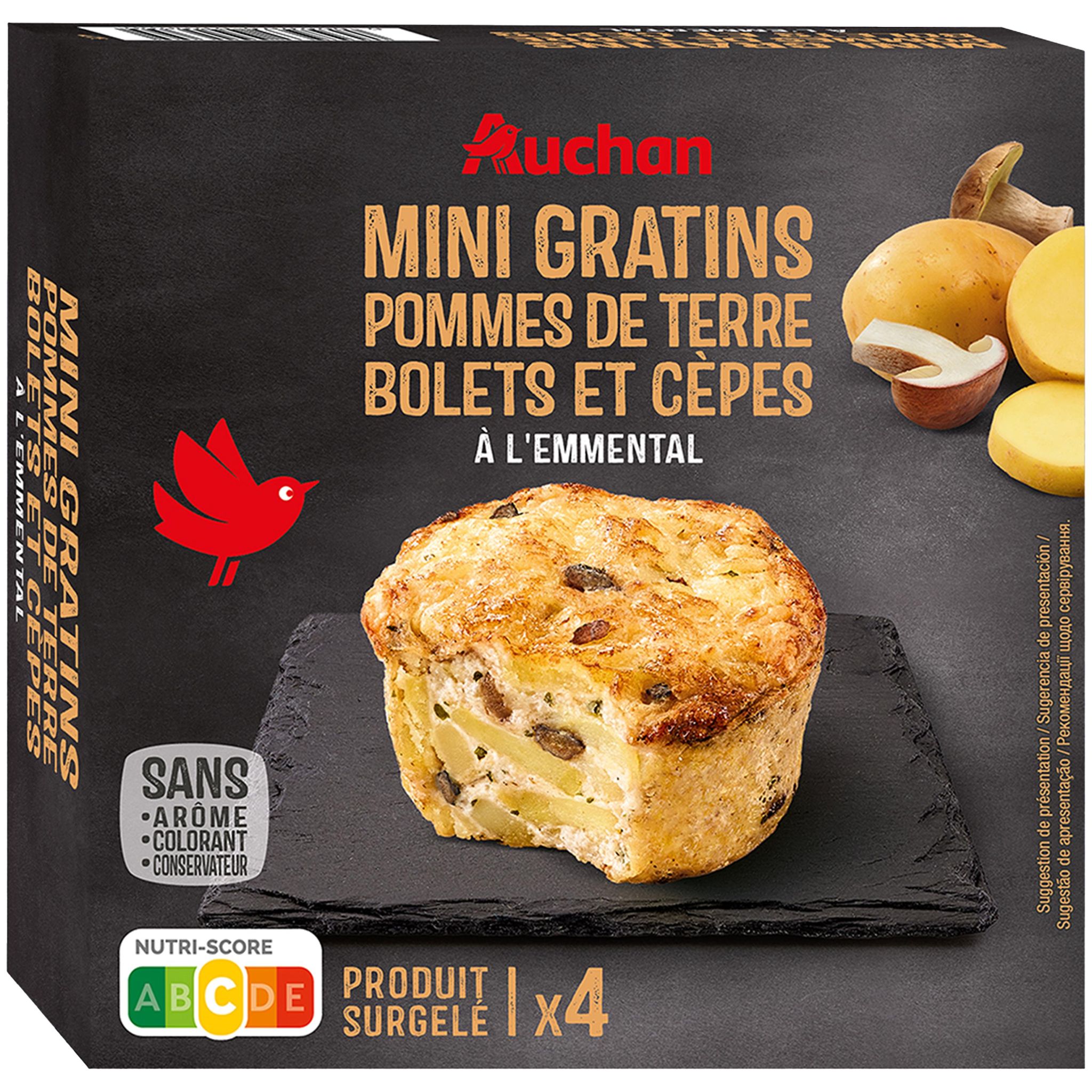 Voir la diapositive 3 : AUCHAN Mini gratins de pommes de terre bolets et cèpes à l'emmental 4 pièces 400g