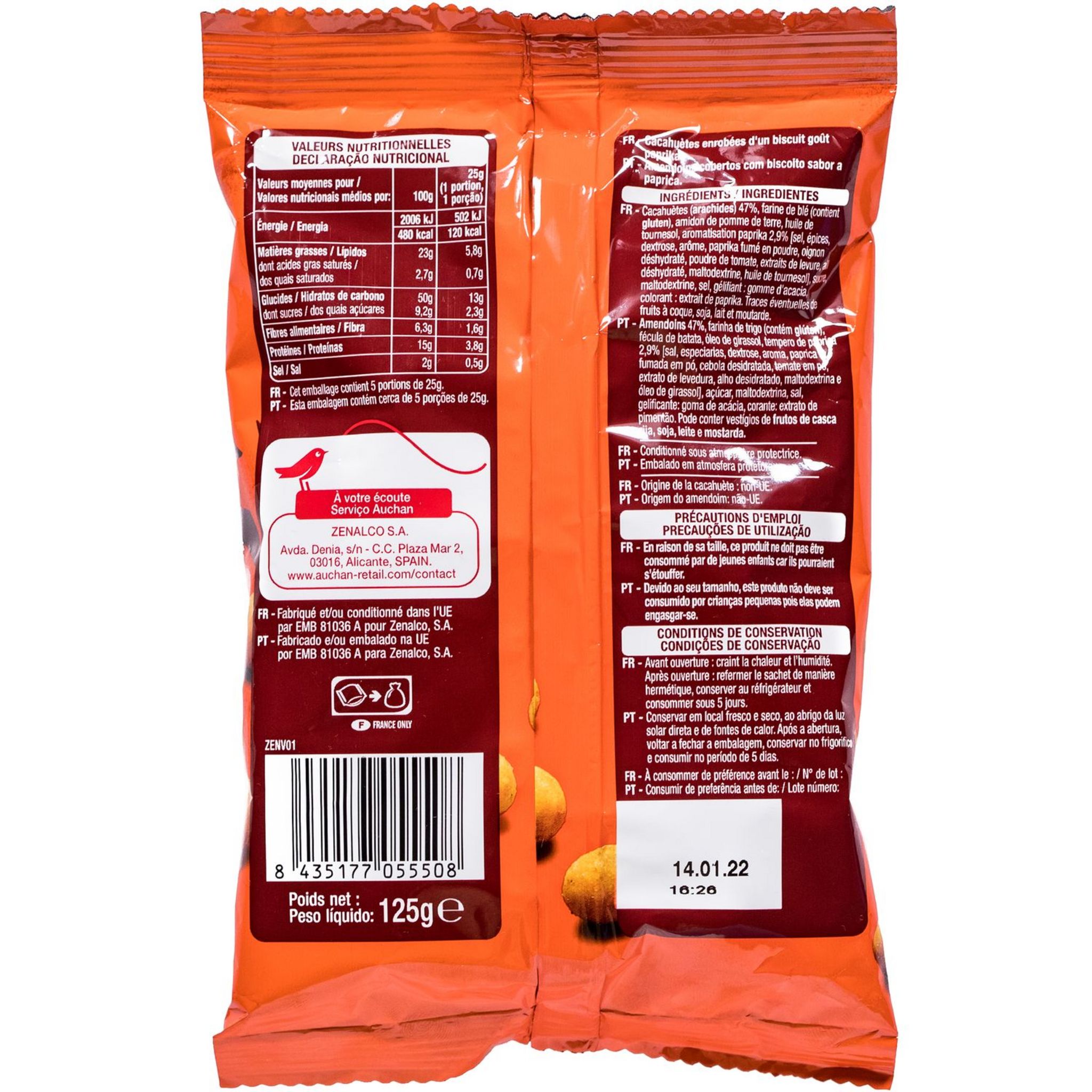 Voir la diapositive 2 : AUCHAN Cacahuètes enrobées goût paprika 125g