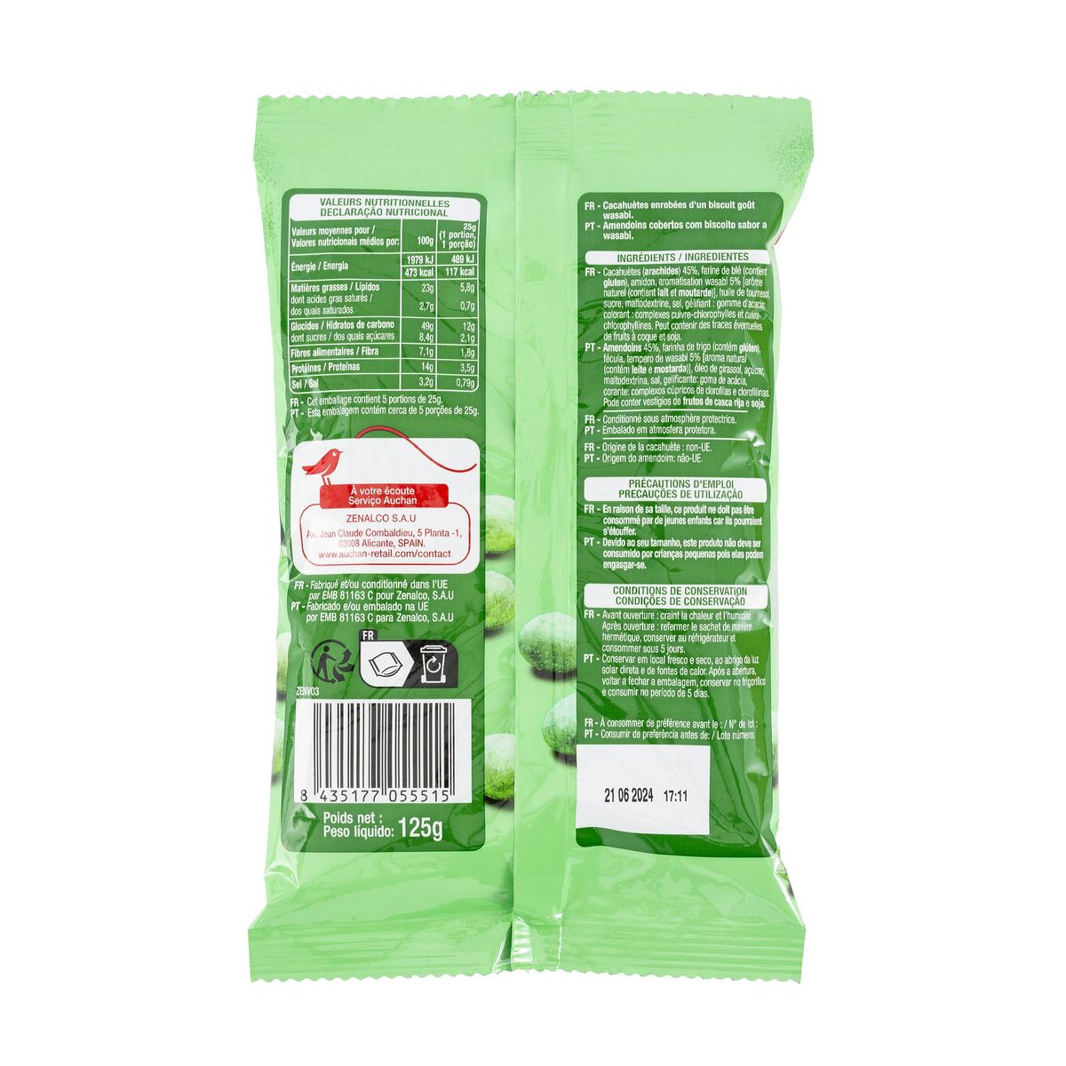 AUCHAN Cacahuètes enrobées goût wasabi 125g