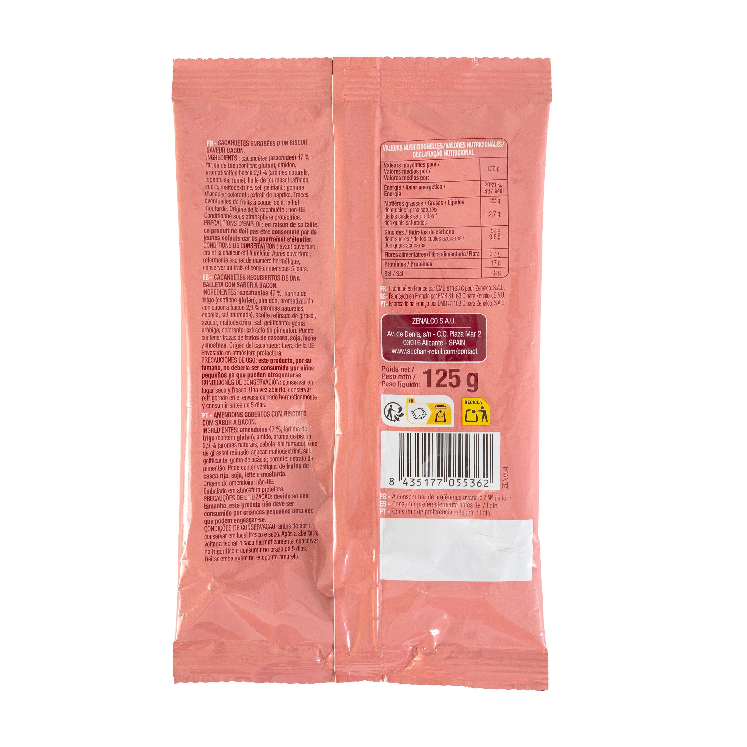 Voir la diapositive 2 : AUCHAN Cacahuètes enrobées goût bacon 125g