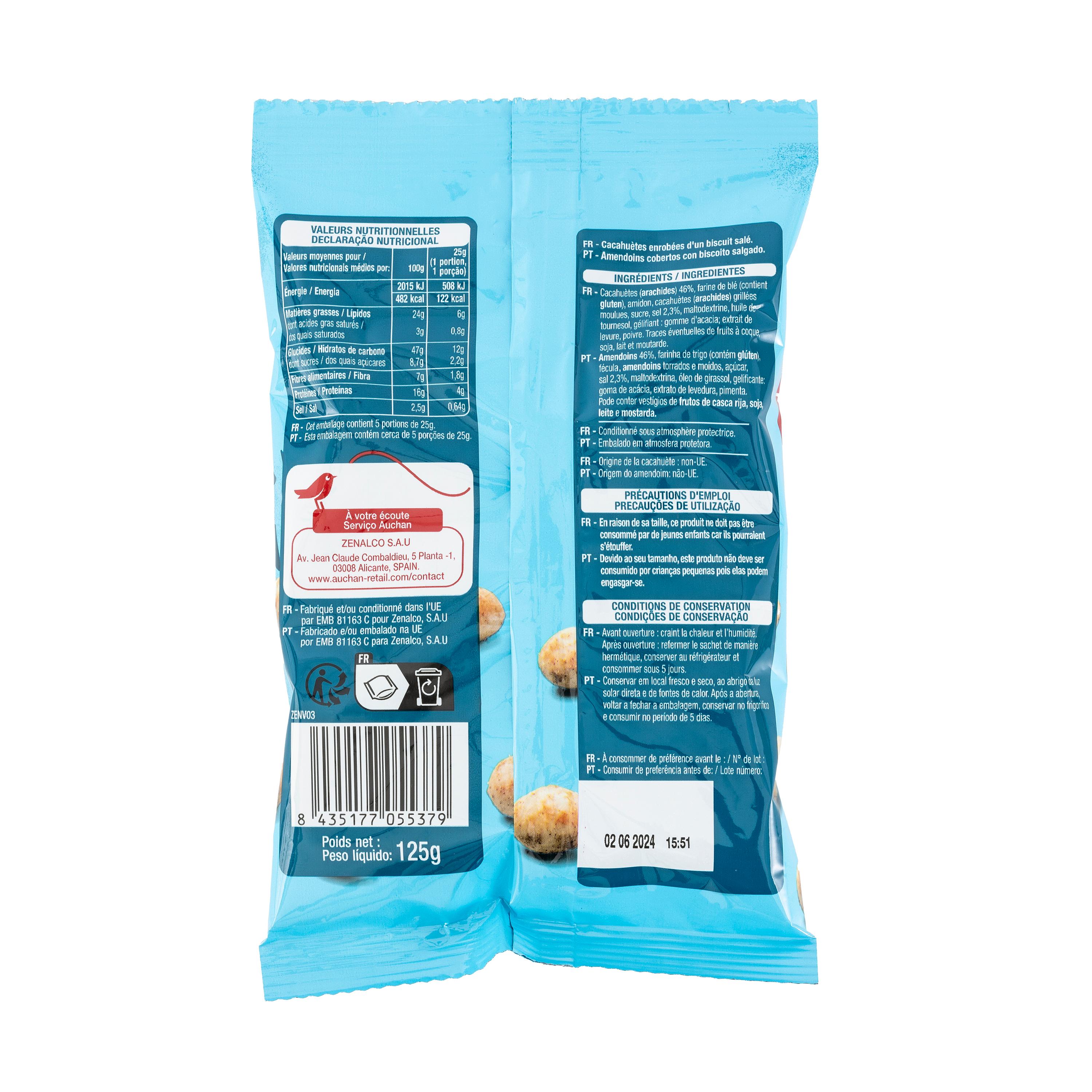 Voir la diapositive 2 : AUCHAN Cacahuètes enrobées salées 125g