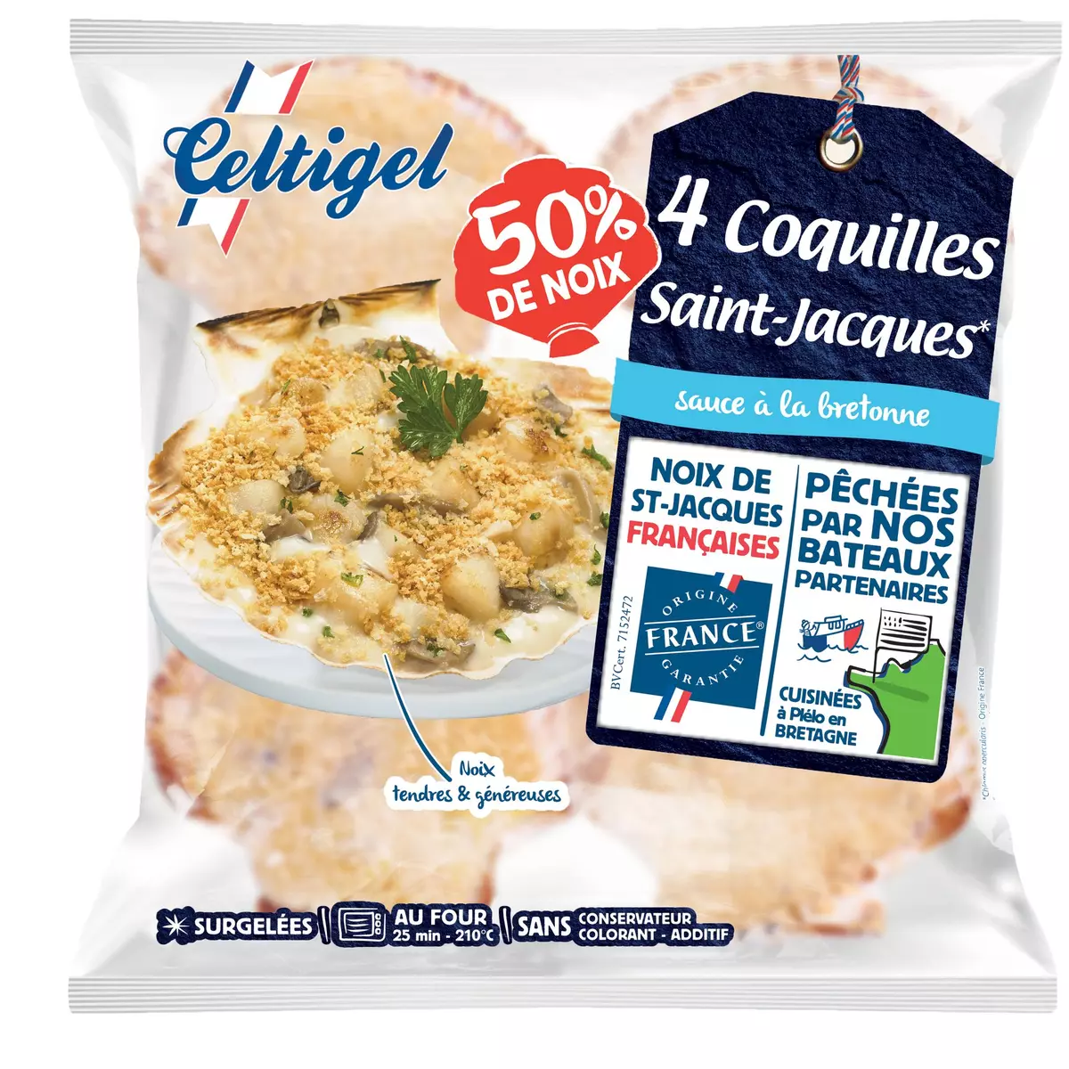 CELTIGEL Coquilles Saint-Jacques à la Bretonne 50% de noix 4 pièces 360g