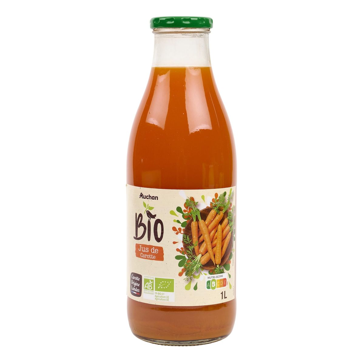 AUCHAN BIO CULTIVONS LE BON Jus de carotte des Landes bio filière responsable bouteille verre 1l