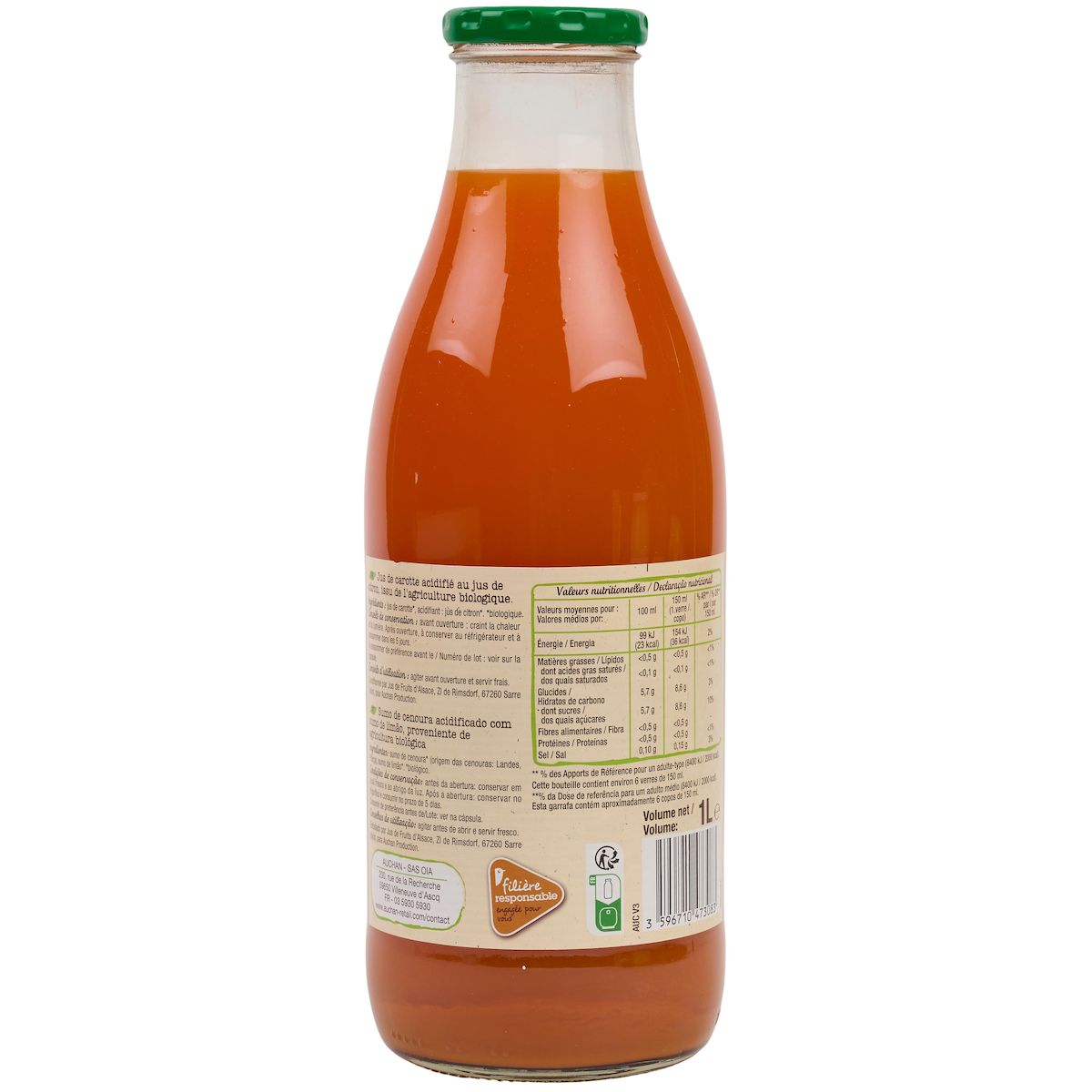 AUCHAN BIO CULTIVONS LE BON Jus de carotte des Landes bio filière responsable bouteille verre 1l