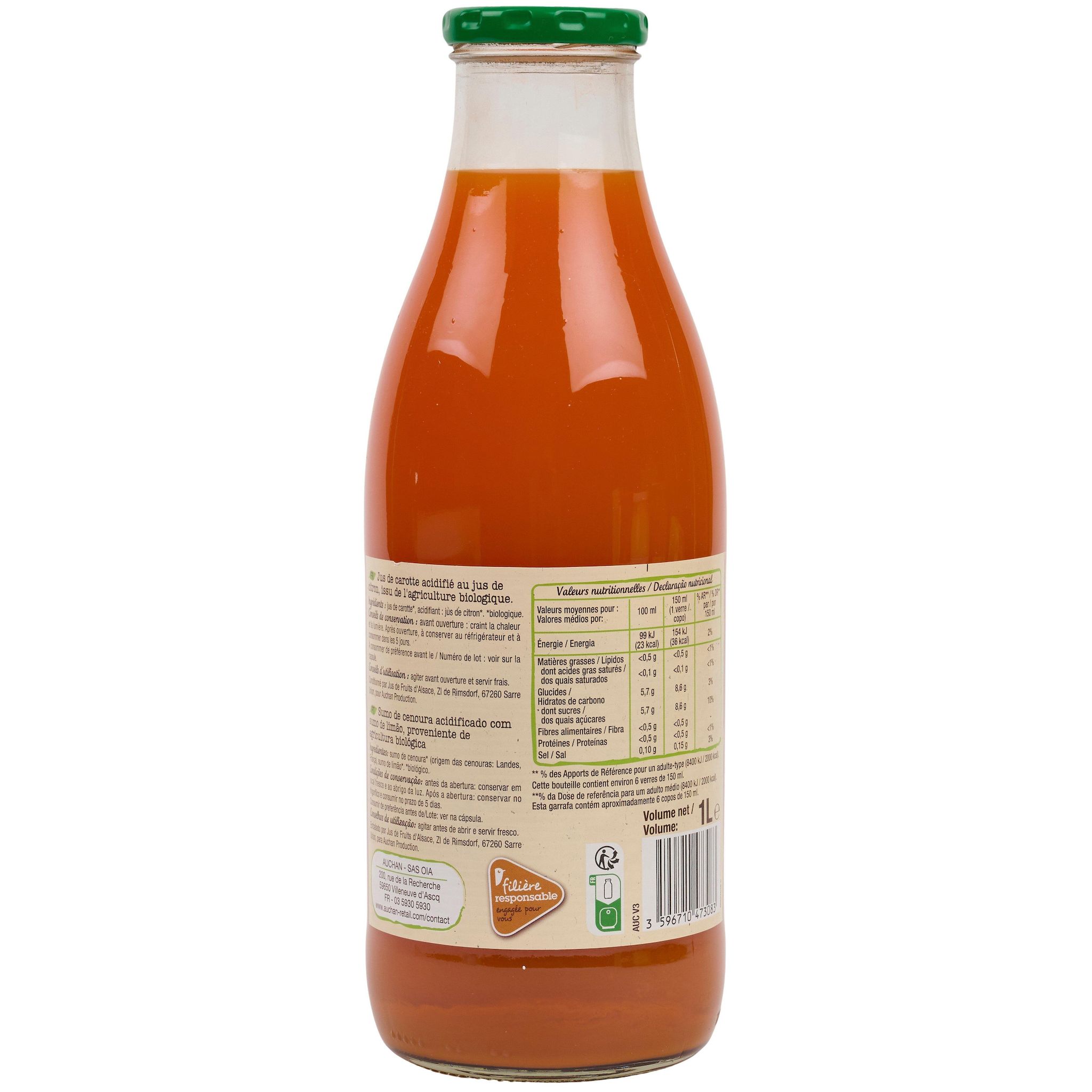 Voir la diapositive 3 : AUCHAN BIO CULTIVONS LE BON Jus de carotte des Landes bio filière responsable bouteille verre 1l