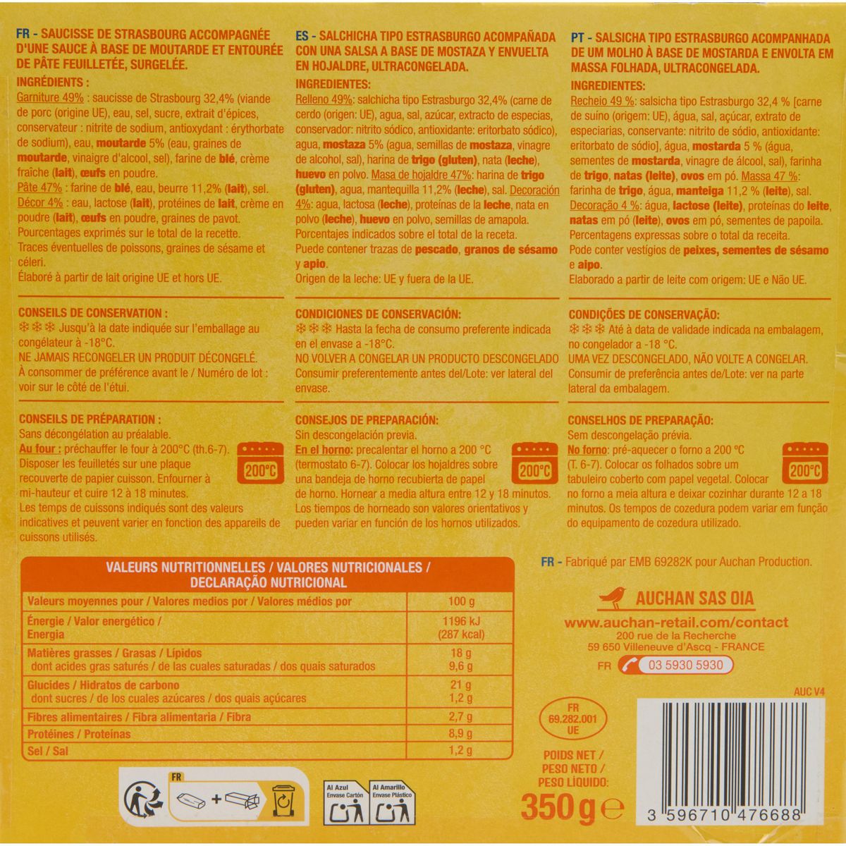 AUCHAN Mini-saucisses en feuilletés 20 pièces 350g