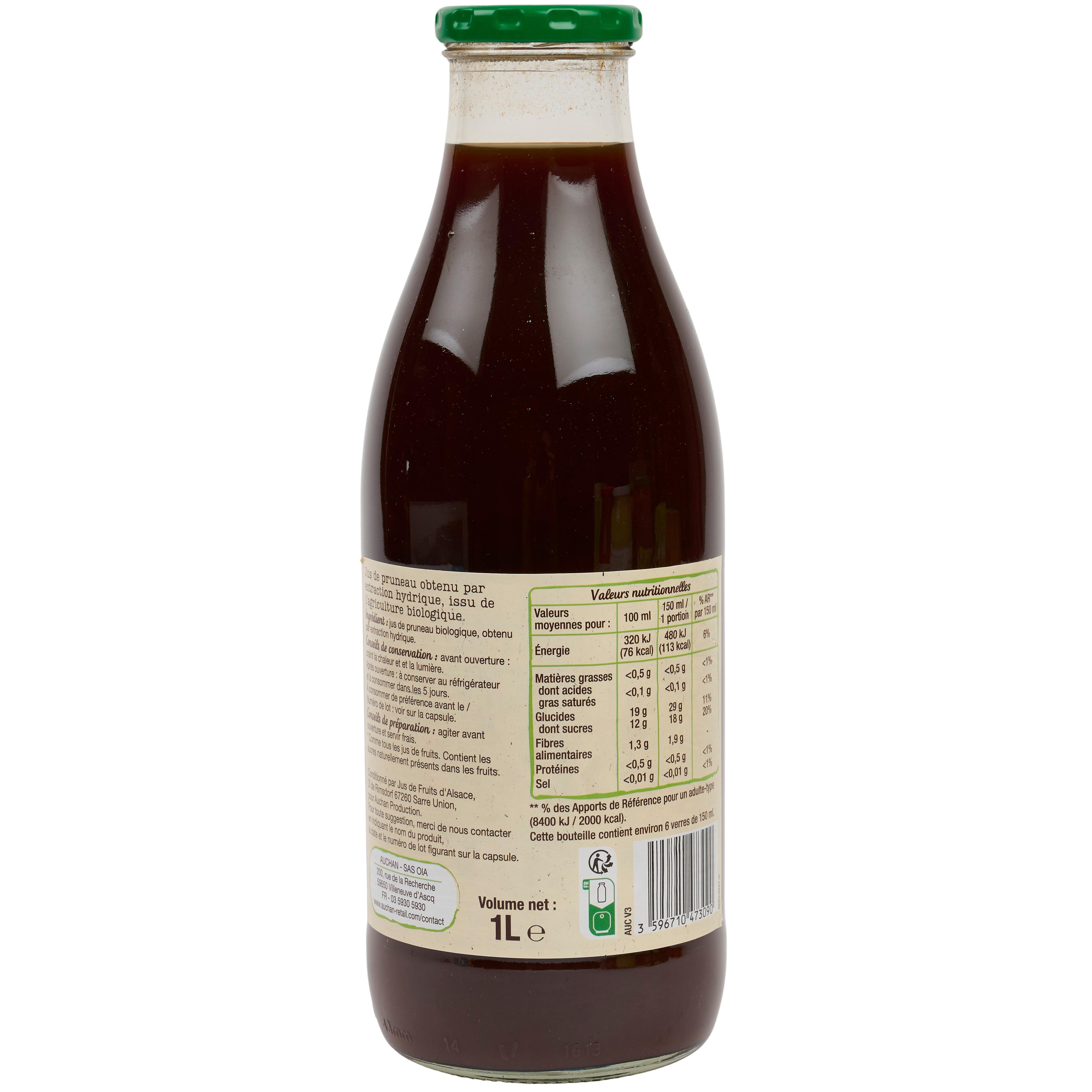 Voir la diapositive 3 : AUCHAN BIO Pur jus de pruneau bio bouteille verre 1l