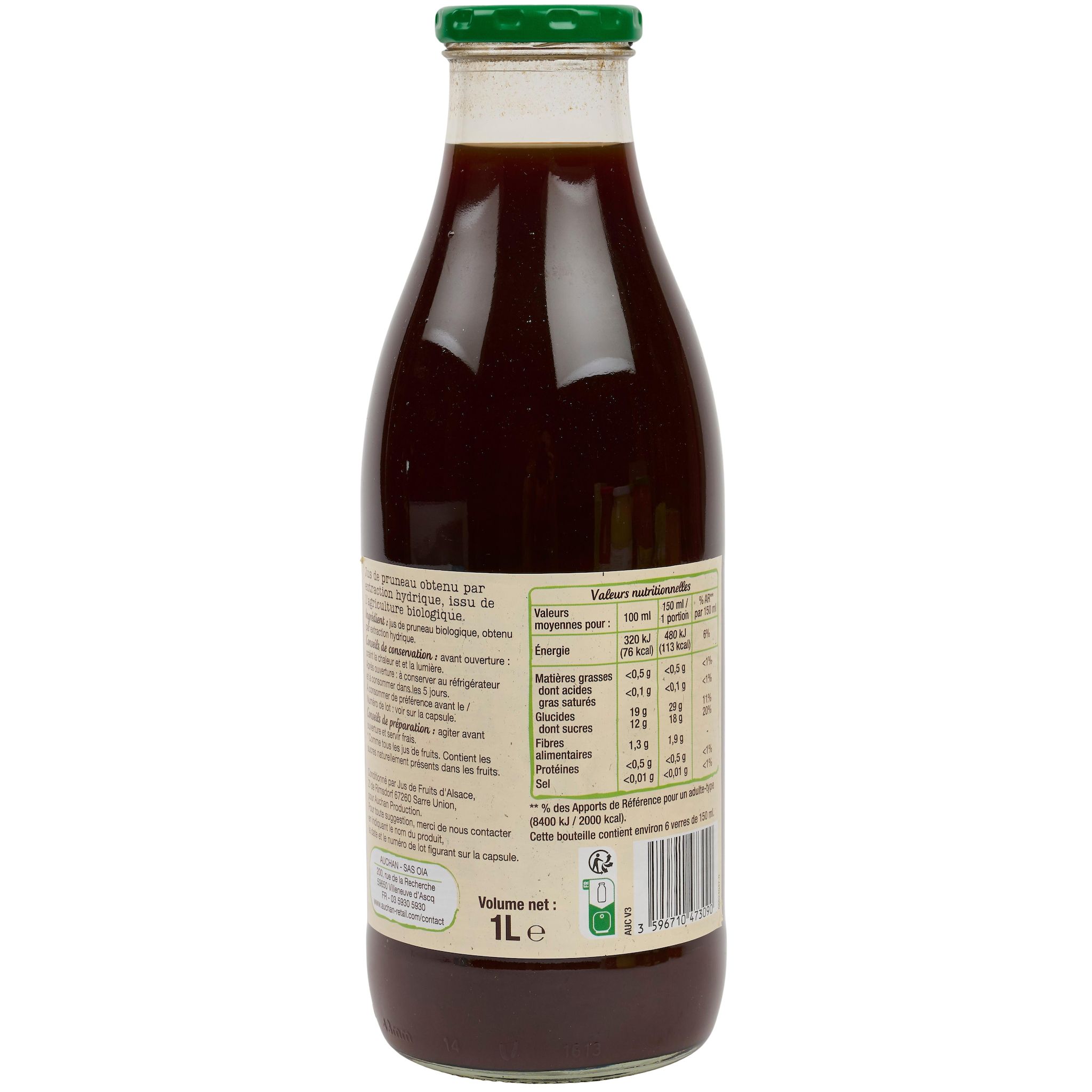 Voir la diapositive 3 : AUCHAN BIO Pur jus de pruneau bio bouteille verre 1l