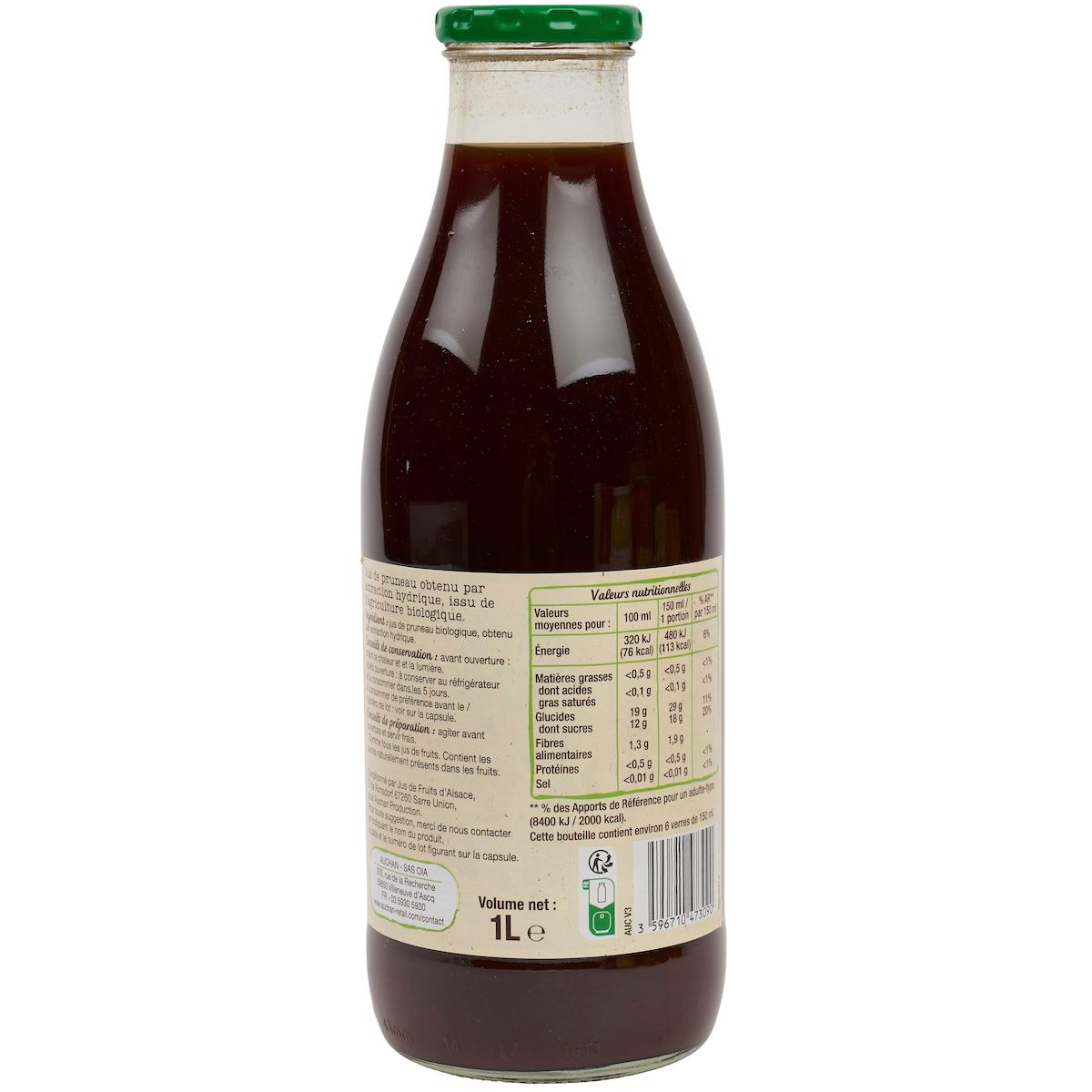 AUCHAN BIO Pur jus de pruneau bio bouteille verre 1l