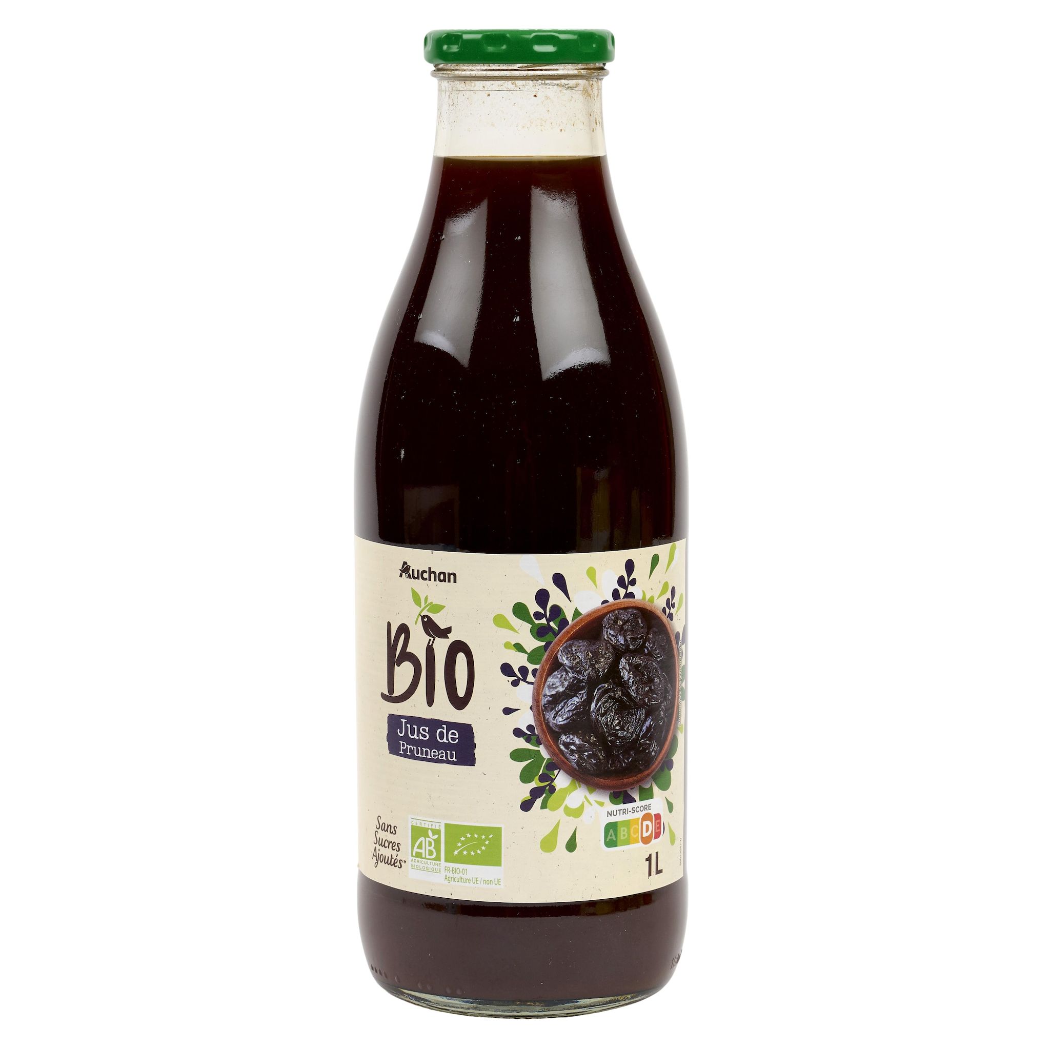 Voir la diapositive 4 : AUCHAN BIO Pur jus de pruneau bio bouteille verre 1l