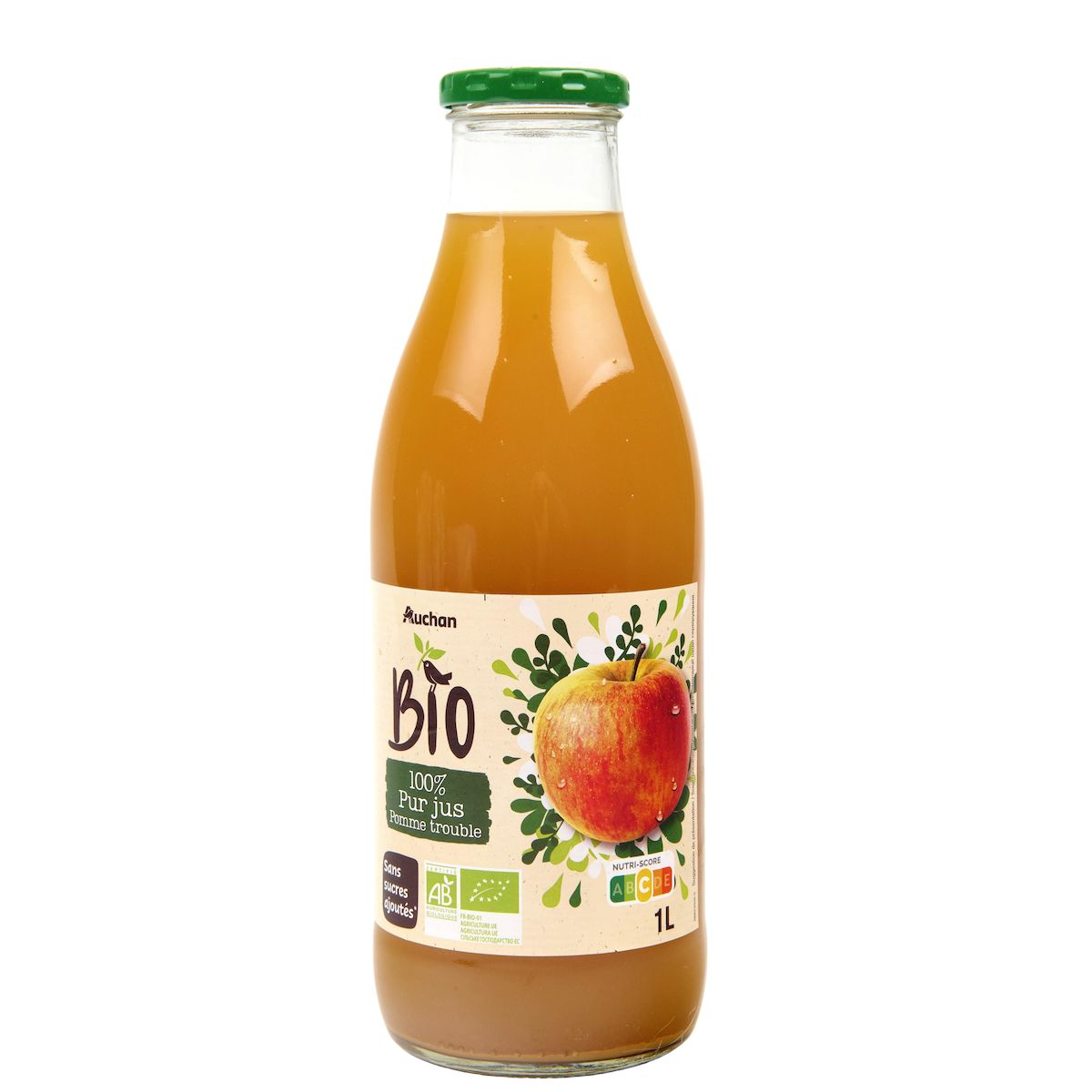 AUCHAN BIO Pur jus de pomme trouble bouteille verre 1l