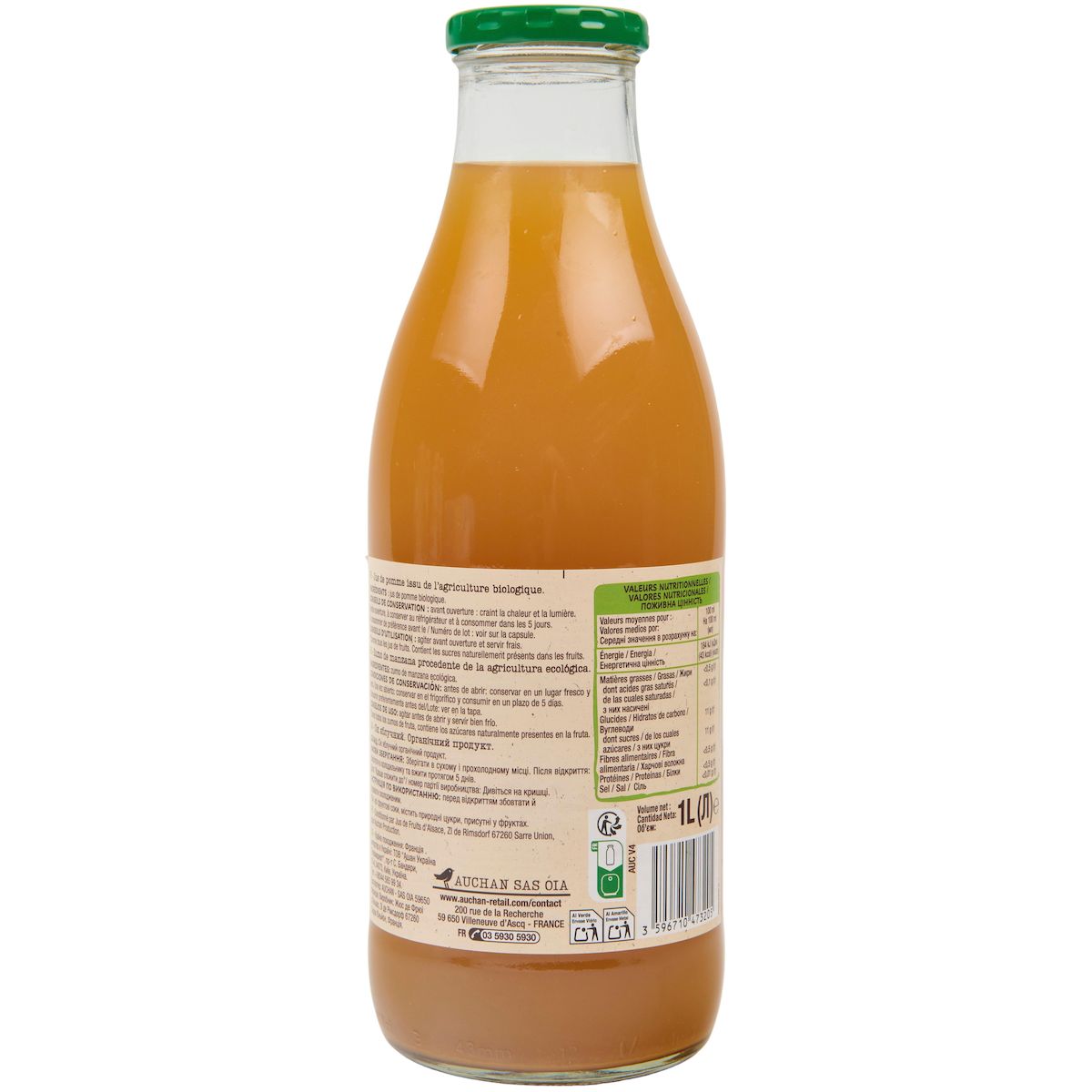 AUCHAN BIO Pur jus de pomme trouble bouteille verre 1l