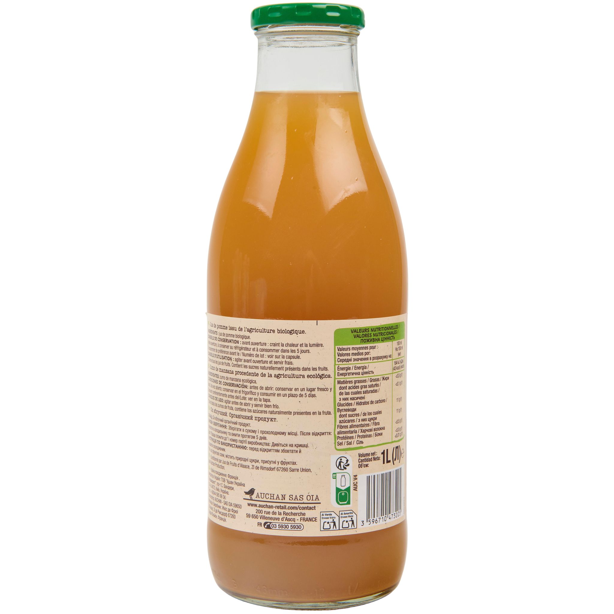 Voir la diapositive 4 : AUCHAN BIO Pur jus de pomme trouble bouteille verre 1l