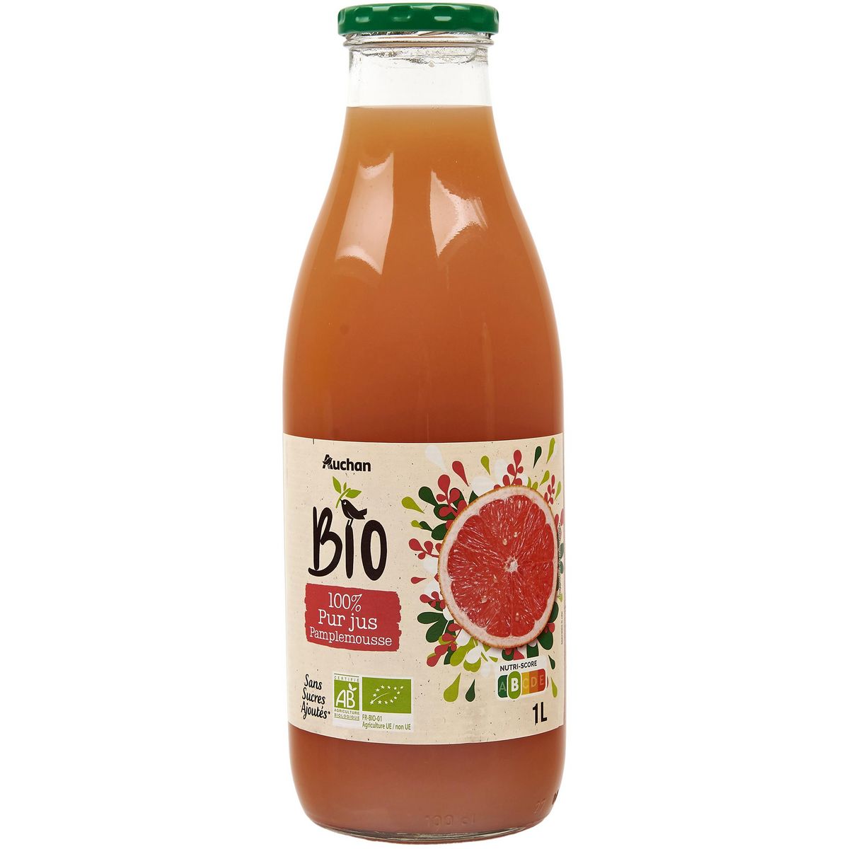 AUCHAN BIO Pur jus de pamplemousse rose bouteille verre 1l