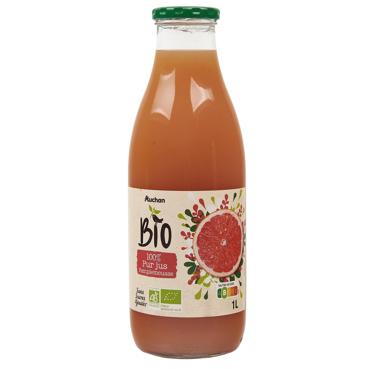 AUCHAN BIO Pur jus de pamplemousse rose bouteille verre 1l