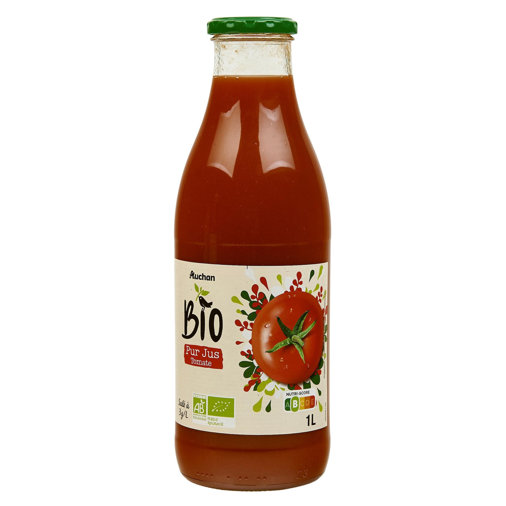 Voir la diapositive 2 : AUCHAN BIO Pur jus de tomate bouteille verre 1l