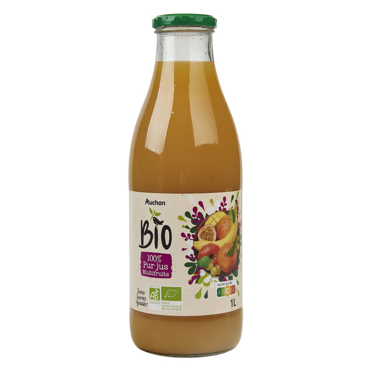 AUCHAN BIO Pur jus multifruits bouteille verre 1l