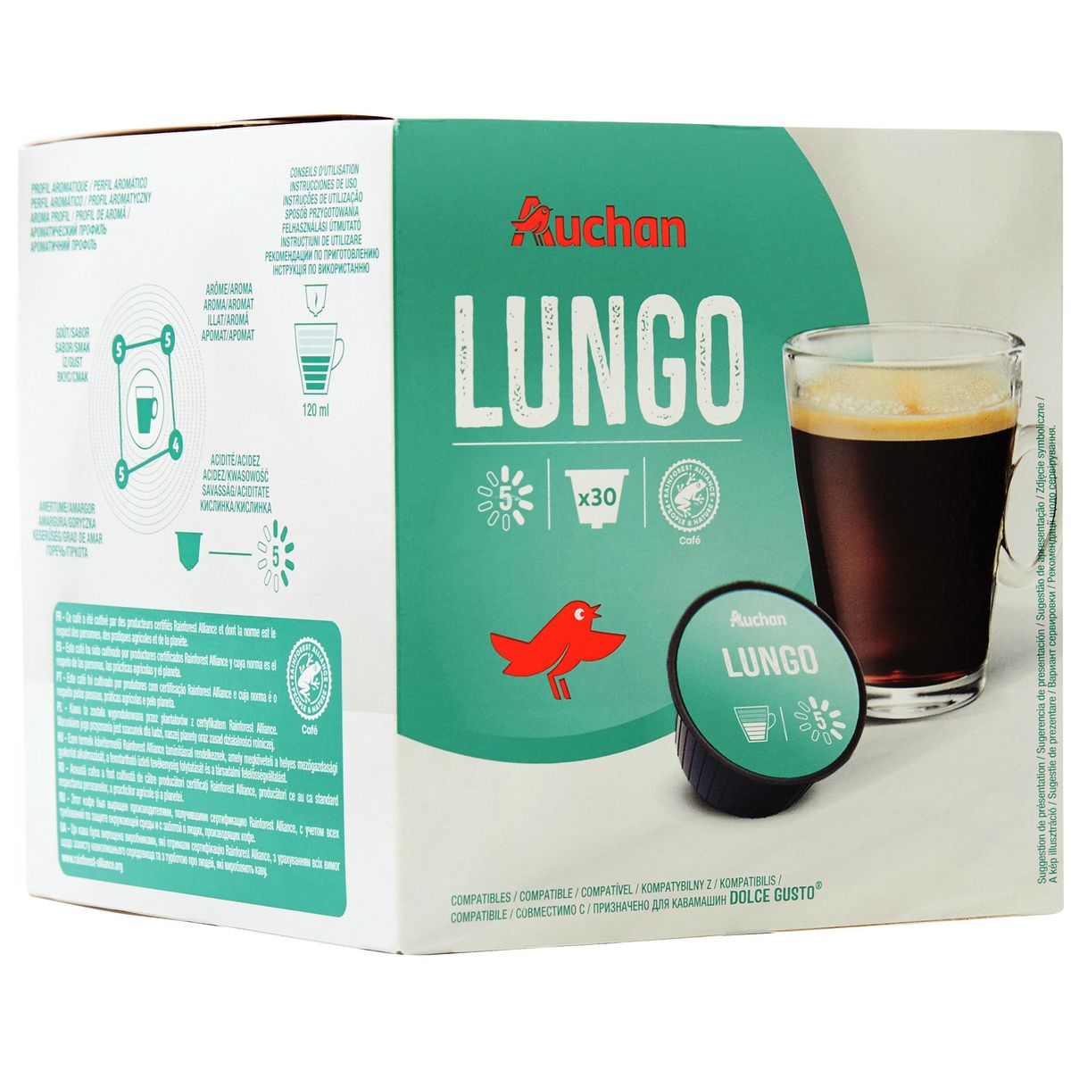AUCHAN Capsules de café lungo intensité 5 compatibles Dolce Gusto 30 dosettes 210g