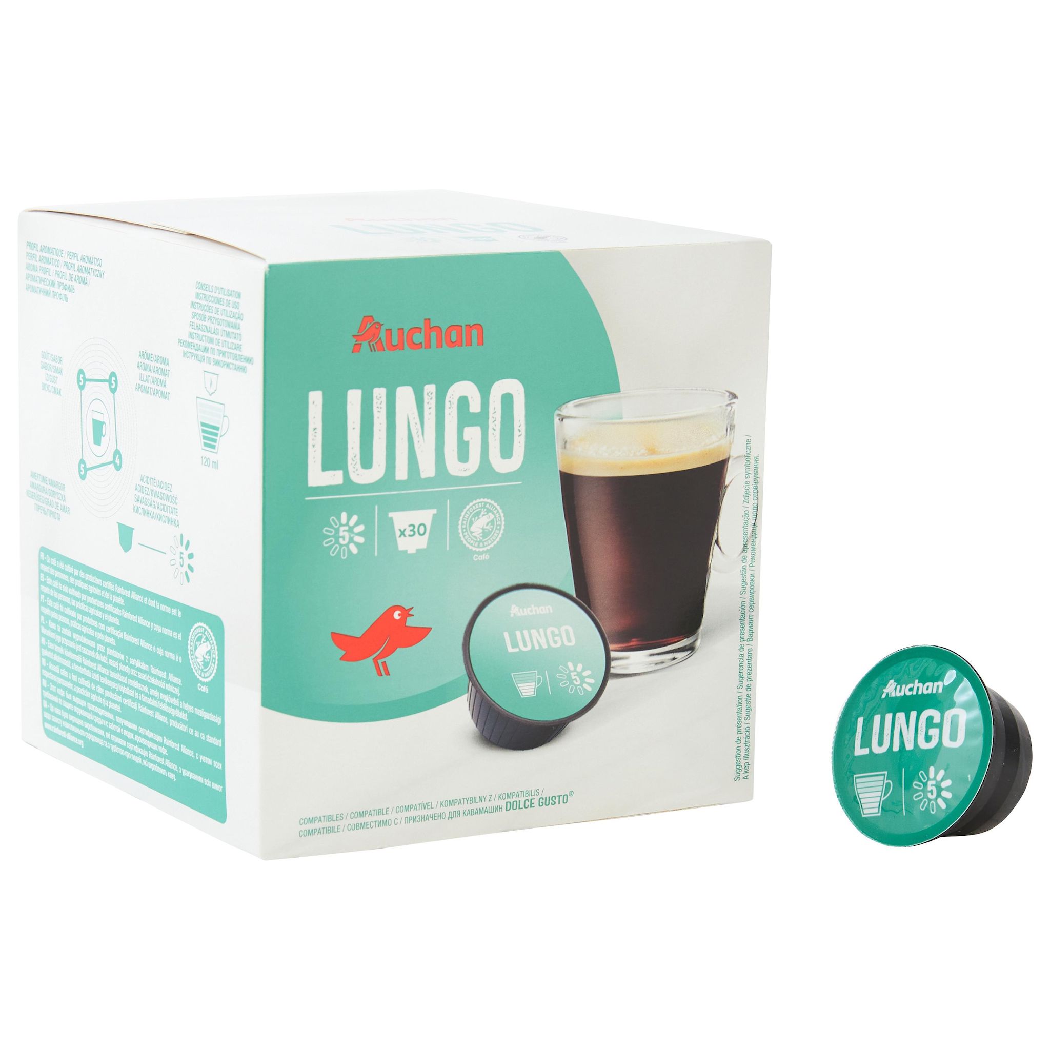 Voir la diapositive 4 : AUCHAN Capsules de café lungo intensité 5 compatibles Dolce Gusto 30 capsules 210g