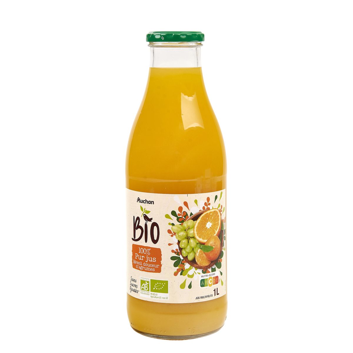 AUCHAN BIO Pur jus réveil douceur agrumes en bouteille 1l