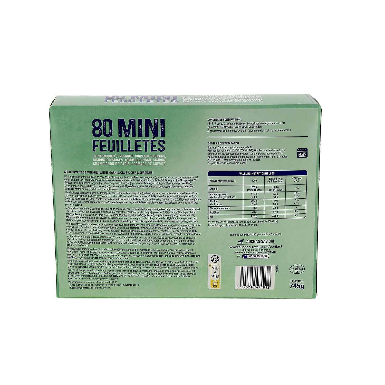 Voir la diapositive 2 : AUCHAN Mini-feuilletés garnis 80 pièces 745g