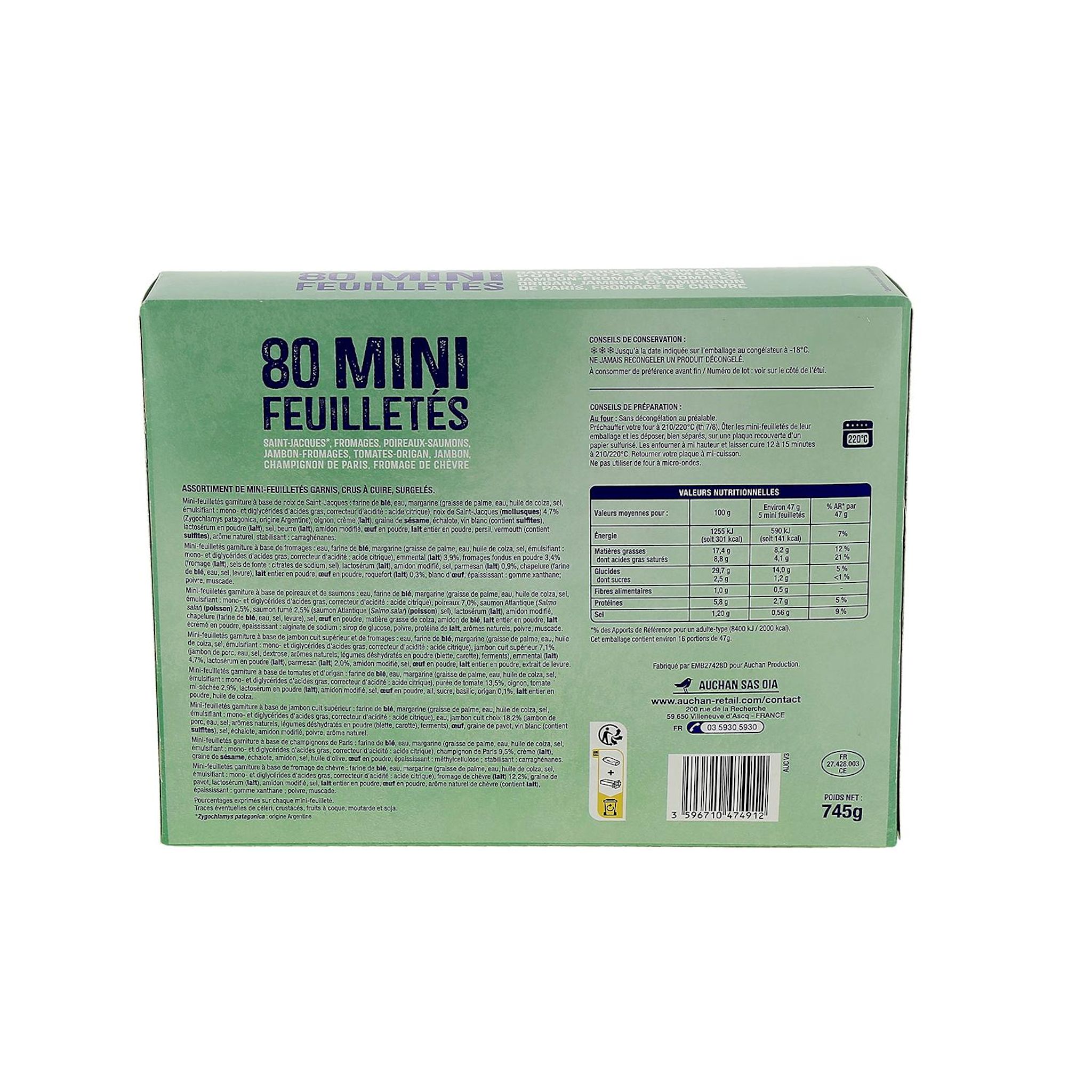 Voir la diapositive 2 : AUCHAN Mini-feuilletés garnis 80 pièces 745g