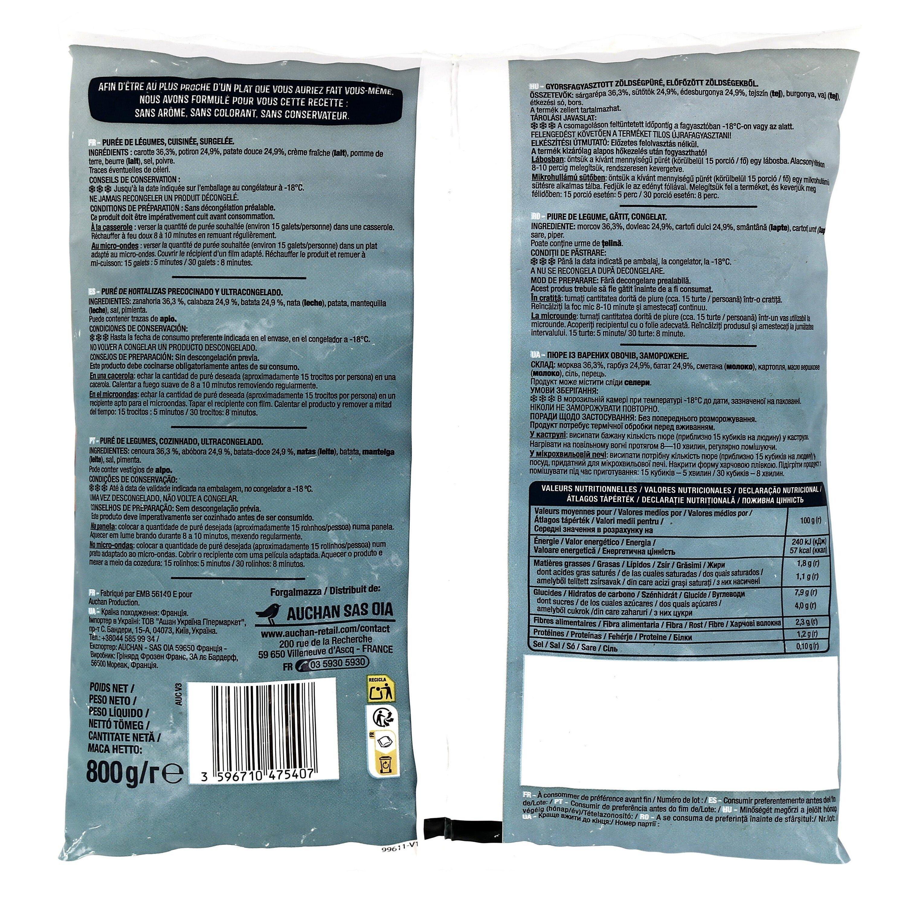 Voir la diapositive 3 : AUCHAN Purée carotte, potiron et patate douce 4 portions 800g