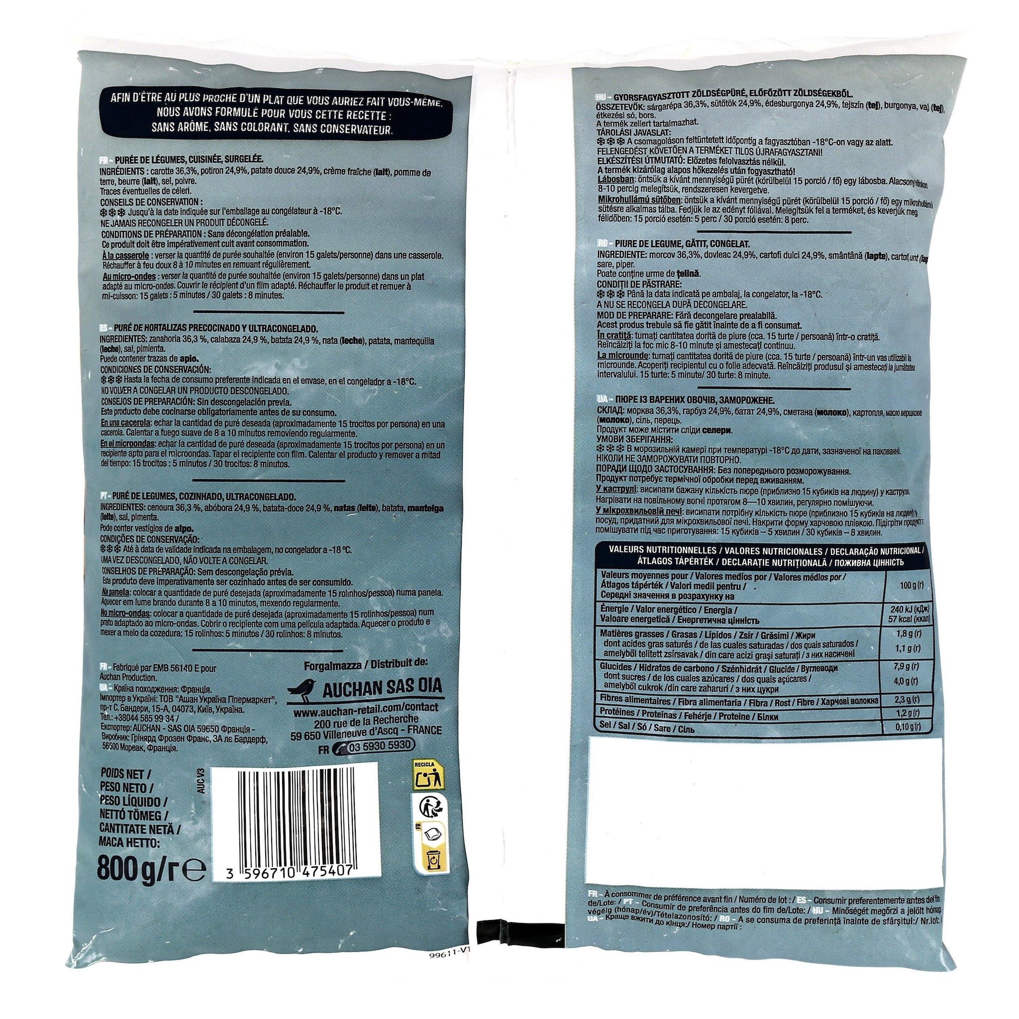 Voir la diapositive 3 : AUCHAN Purée carotte, potiron et patate douce 4 portions 800g