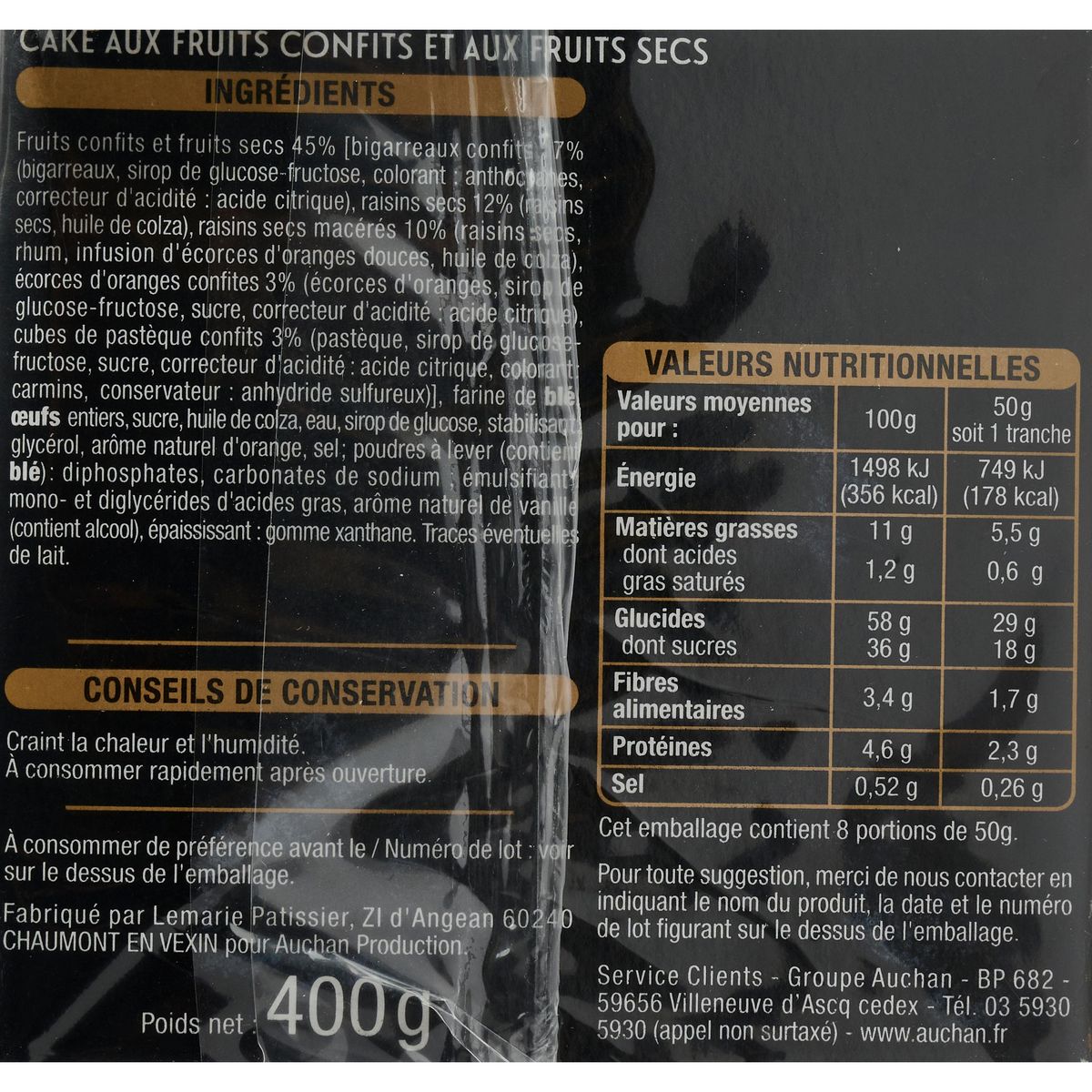 AUCHAN GOURMET Cake anglais aux fruits 400g