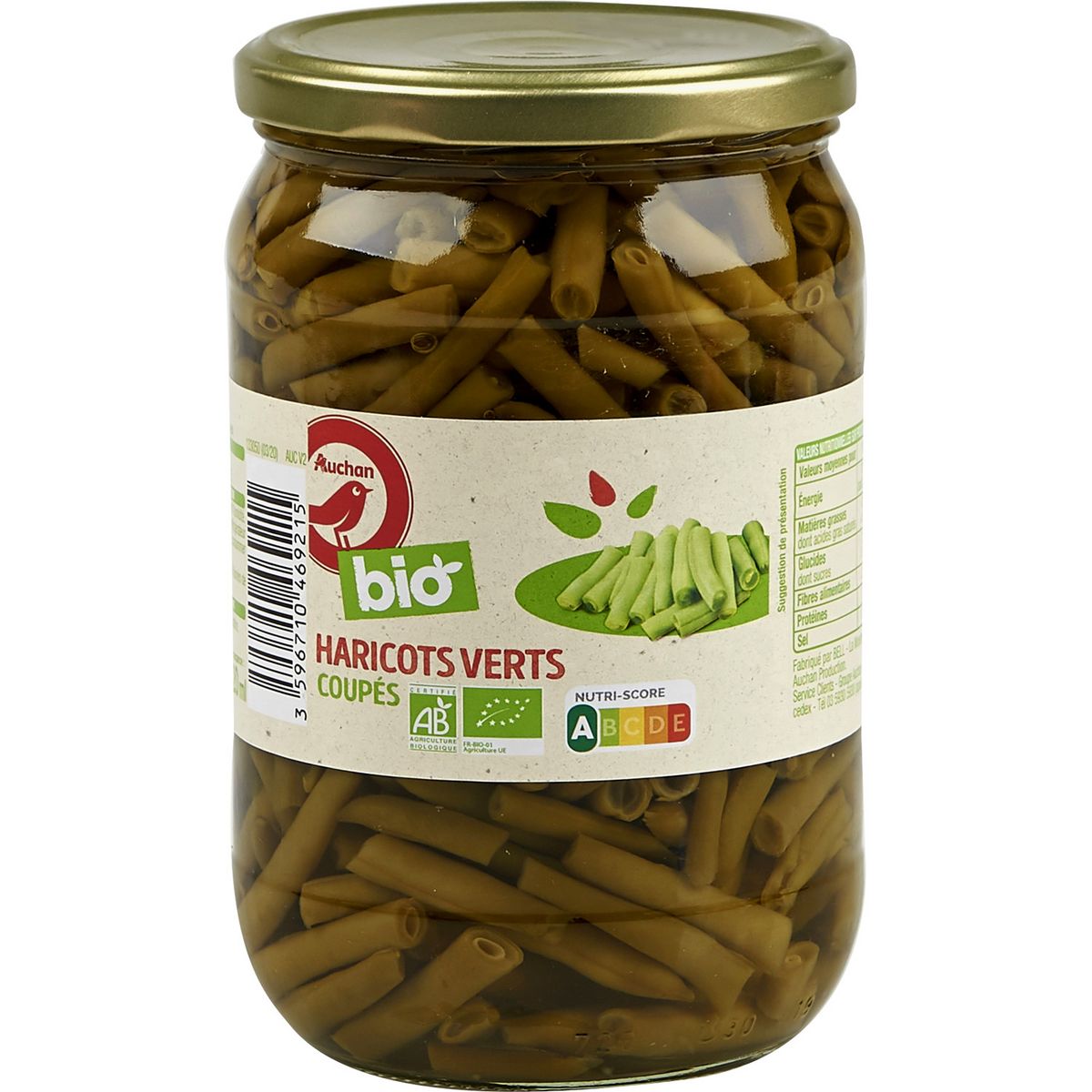 AUCHAN BIO Haricots verts coupés bocal 360g