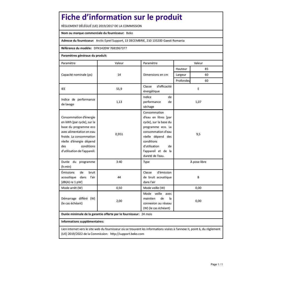 BEKO Lave-vaisselle pose libre DFN1420W, 14 couverts, 60 cm, 44 dB, 8 programmes