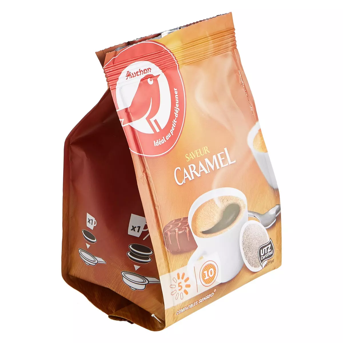AUCHAN Dosettes de café saveur caramel intensité 5 compatibles Senseo 10 dosettes 70g