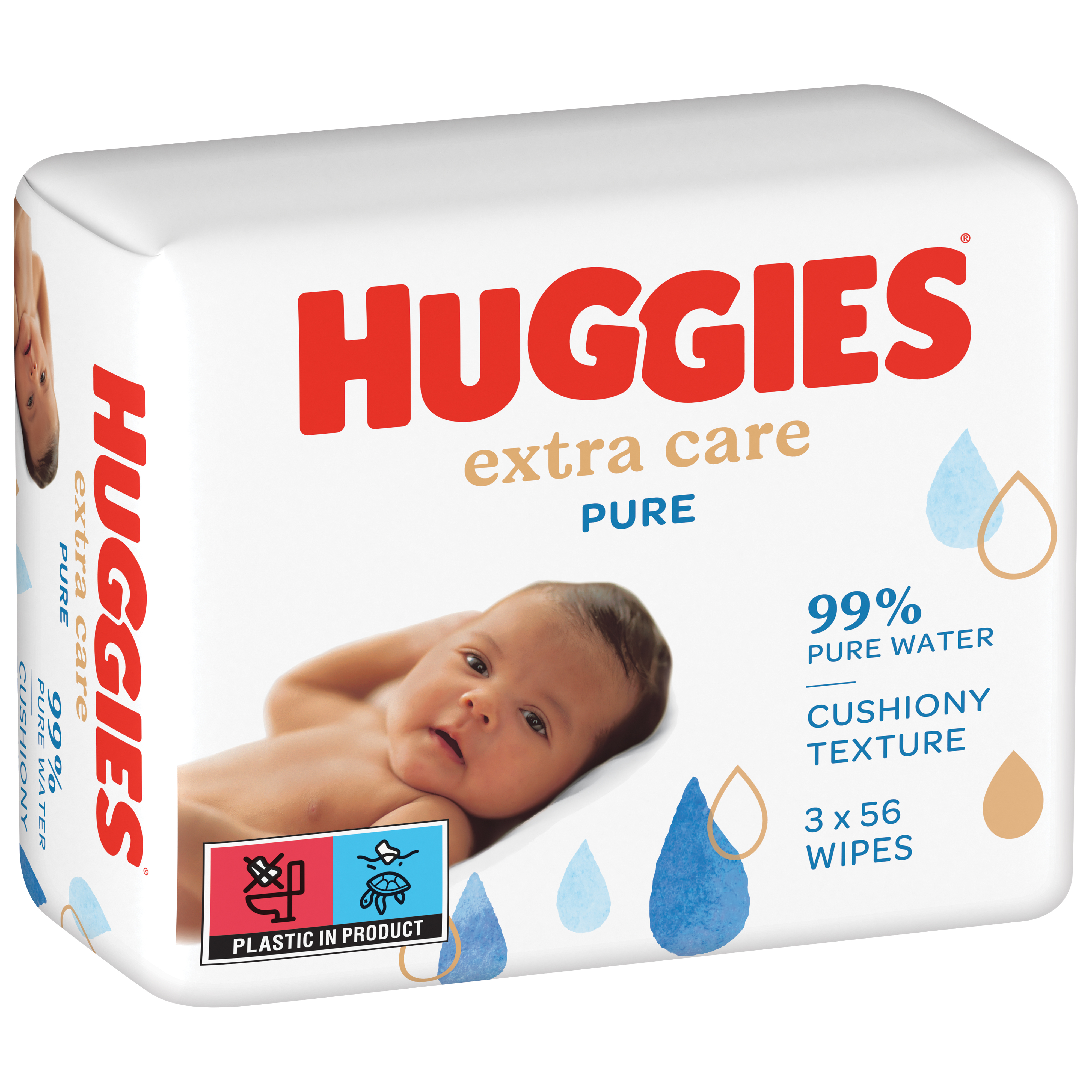 Voir la diapositive 2 : HUGGIES Lingettes nettoyantes pure extra care pour bébé 3x56 lingettes